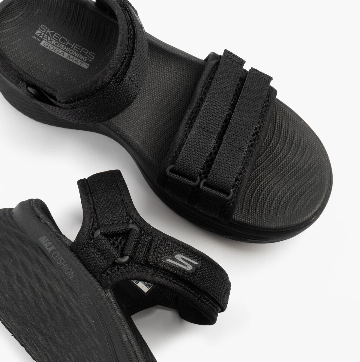 Skechers 141617/BBK MAX CUSHIONING ELITE 2.0 - JESSIE Womens Sandals Black top view showcasing straps and cushioning.