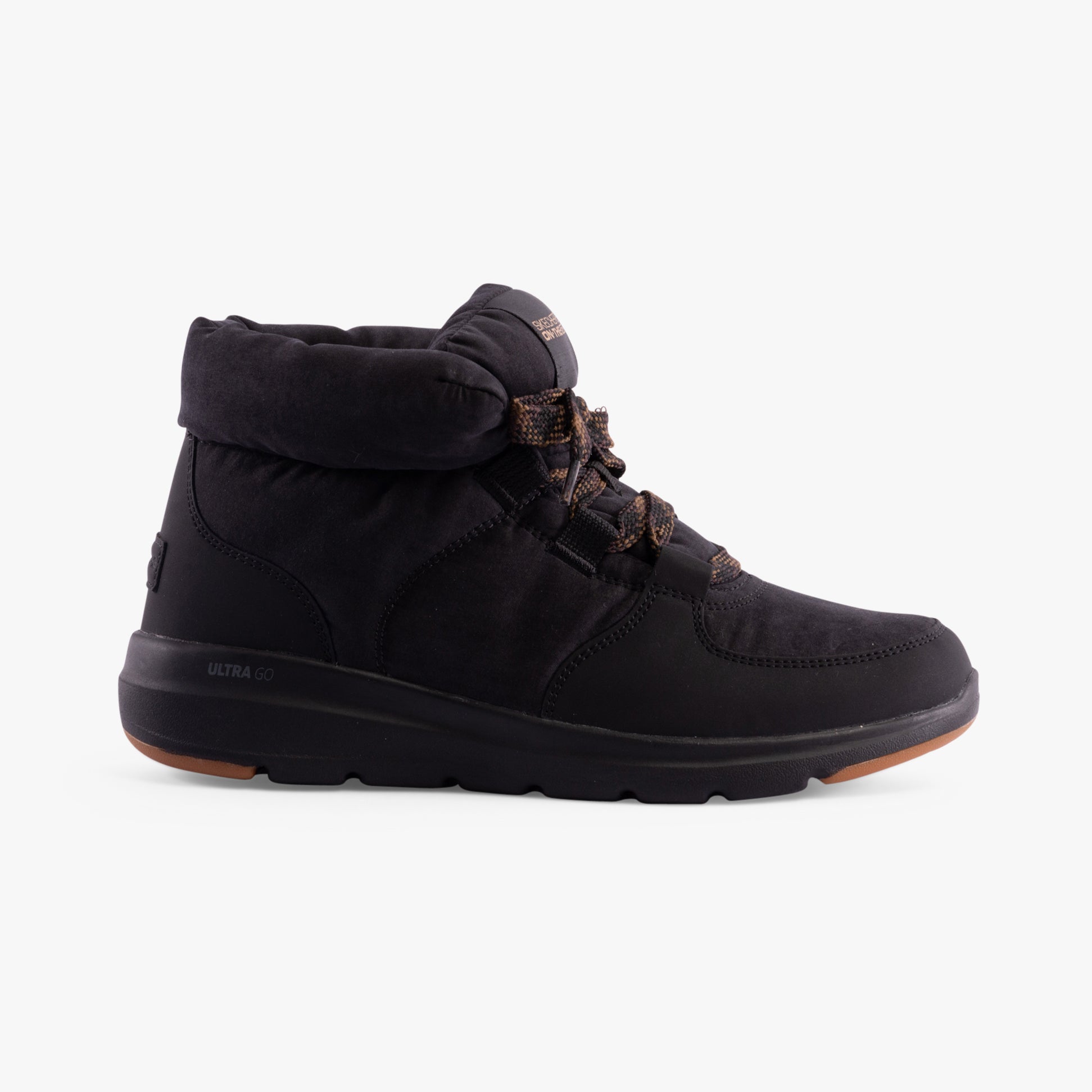 Skechers 144194/BLK GLACIAL ULTRA-TREND UP Womens Boots Black side view featuring lace-up closure and relaxed fit.