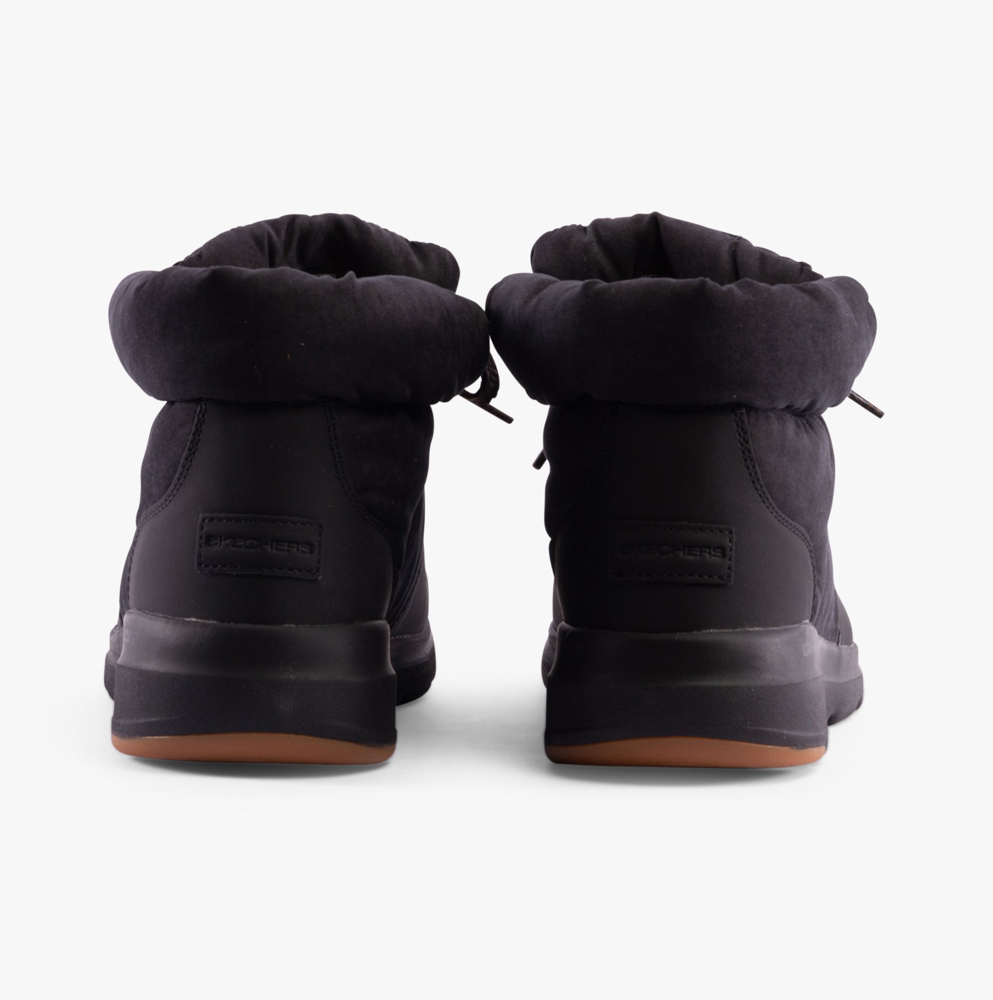 Skechers 144194/BLK GLACIAL ULTRA-TREND UP Womens Boots Black back view showing soft collar and rubber sole.