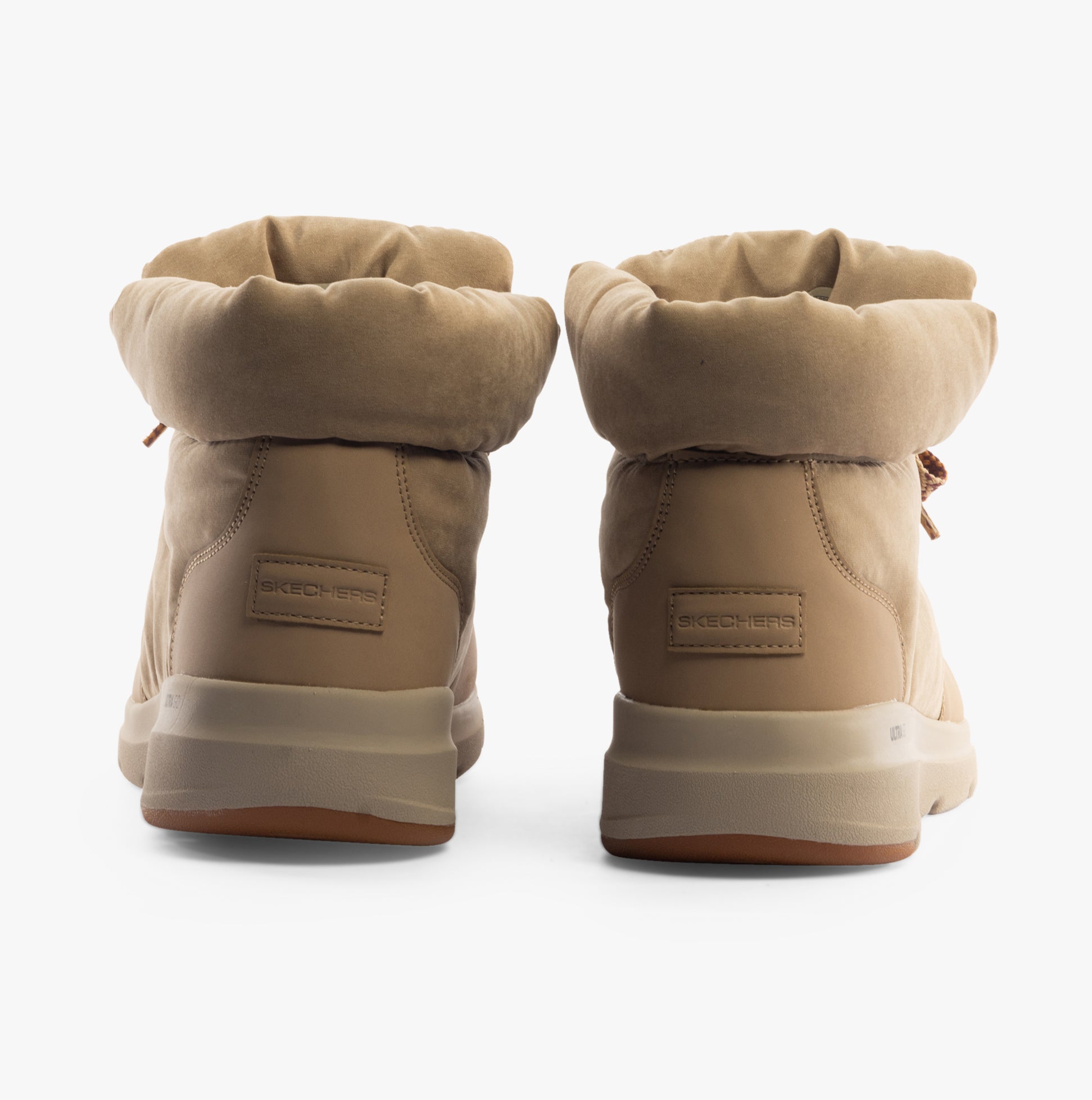 Skechers 144194/TAN GLACIAL ULTRA-TREND UP Womens Boots Tan back view showcasing soft material and rubber sole.