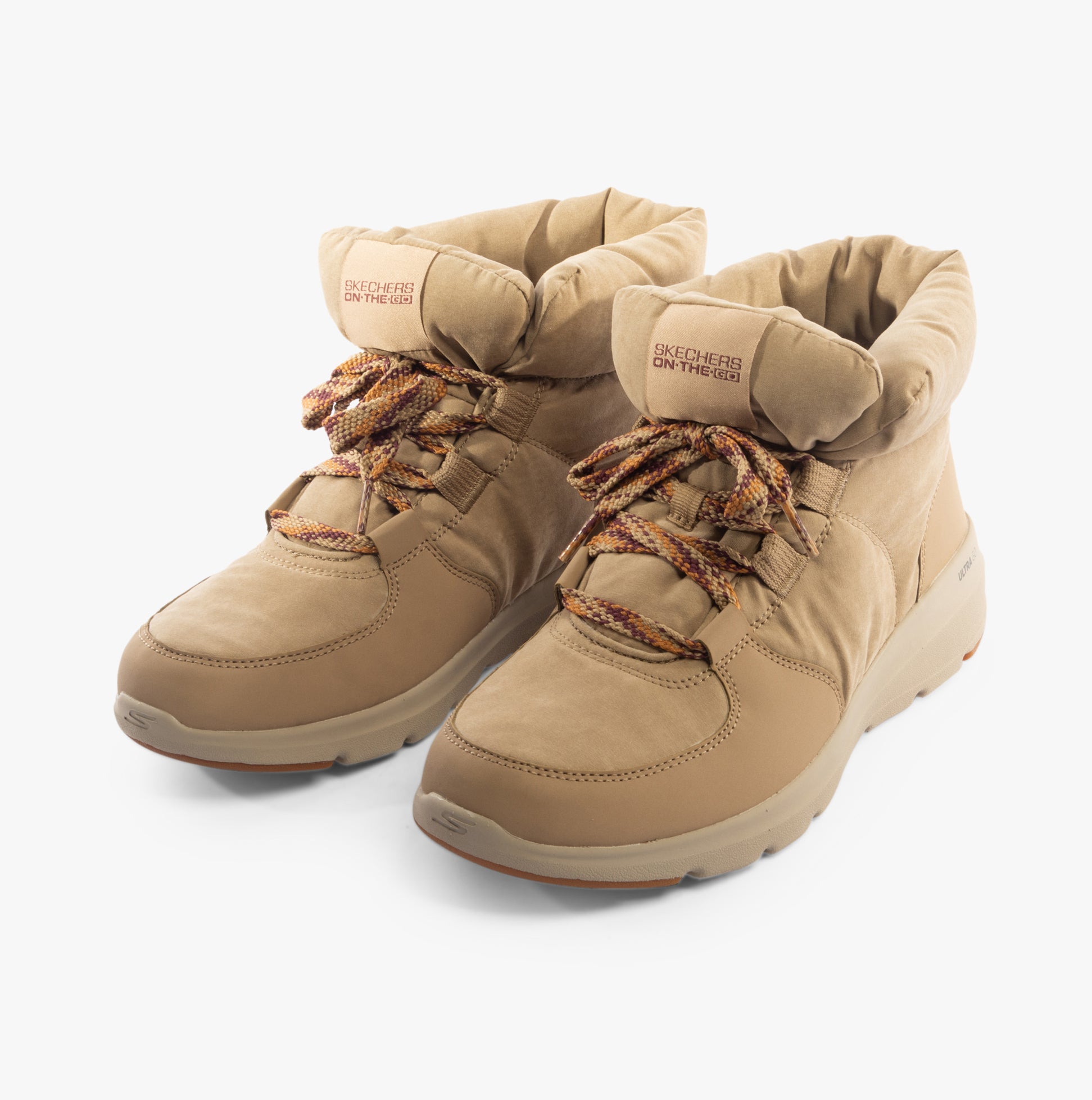 Skechers 144194/TAN GLACIAL ULTRA-TREND UP Womens Boots Tan, side view showcasing ankle-height and lace-up detail.
