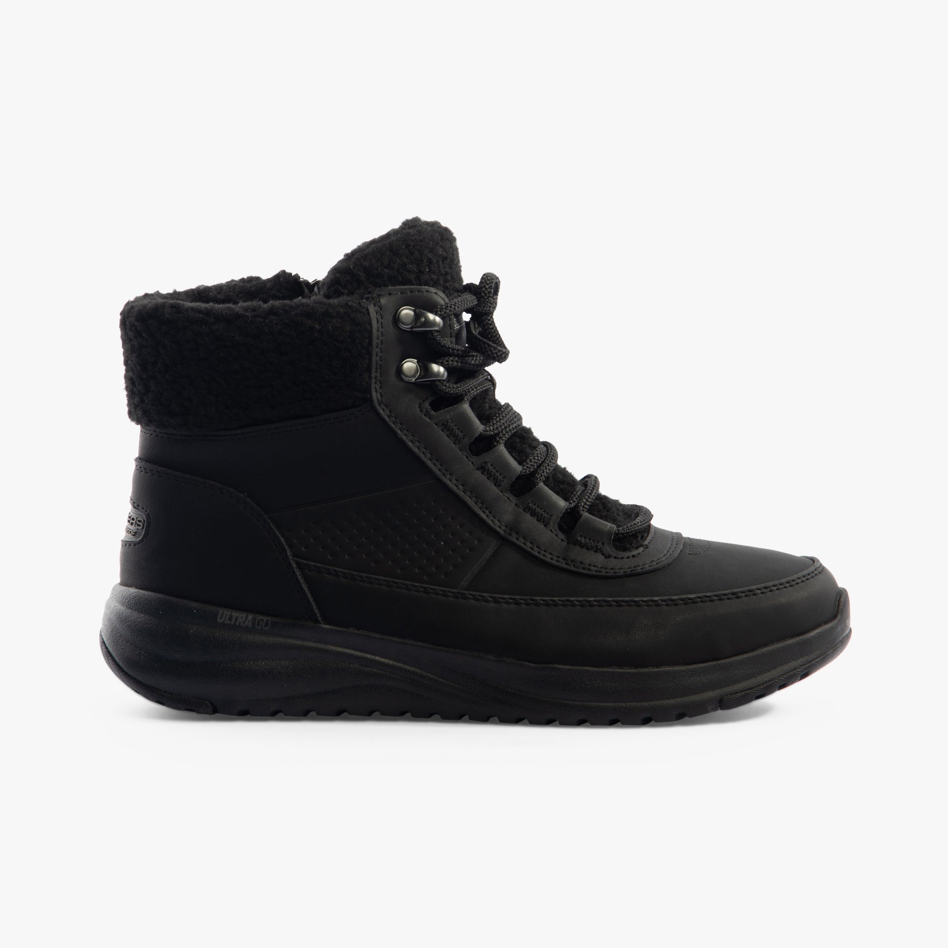 Skechers 144756/BBK ON-THE-GO STELLAR - ALPINE ADVENTURE Womens Boots Black side view with faux fur lining and lace-up closure.