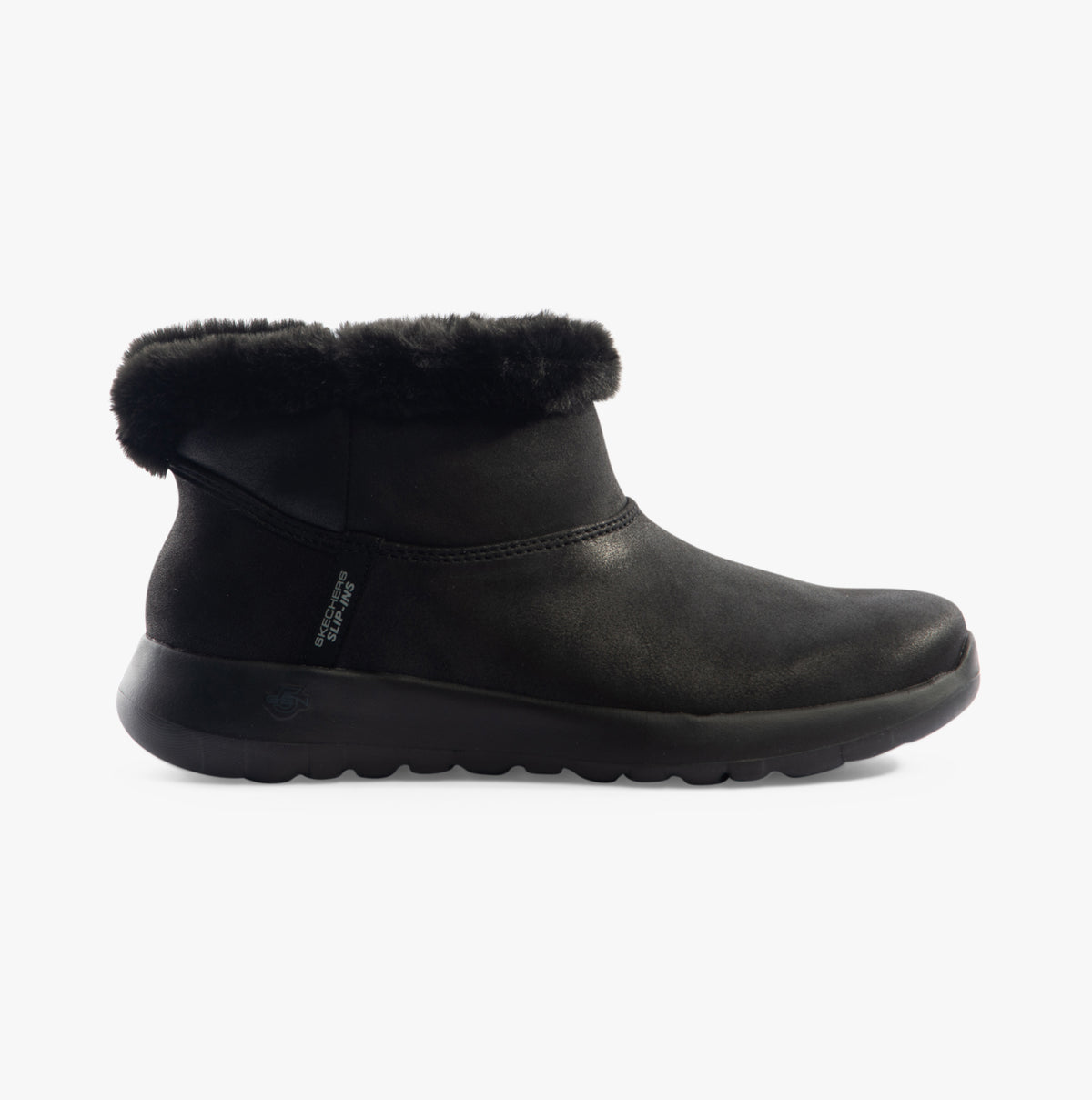 Skechers 144800/BBK ON-THE-GO JOY - COZY DREAM Womens Boots Black side view with faux fur lining and rubber sole.