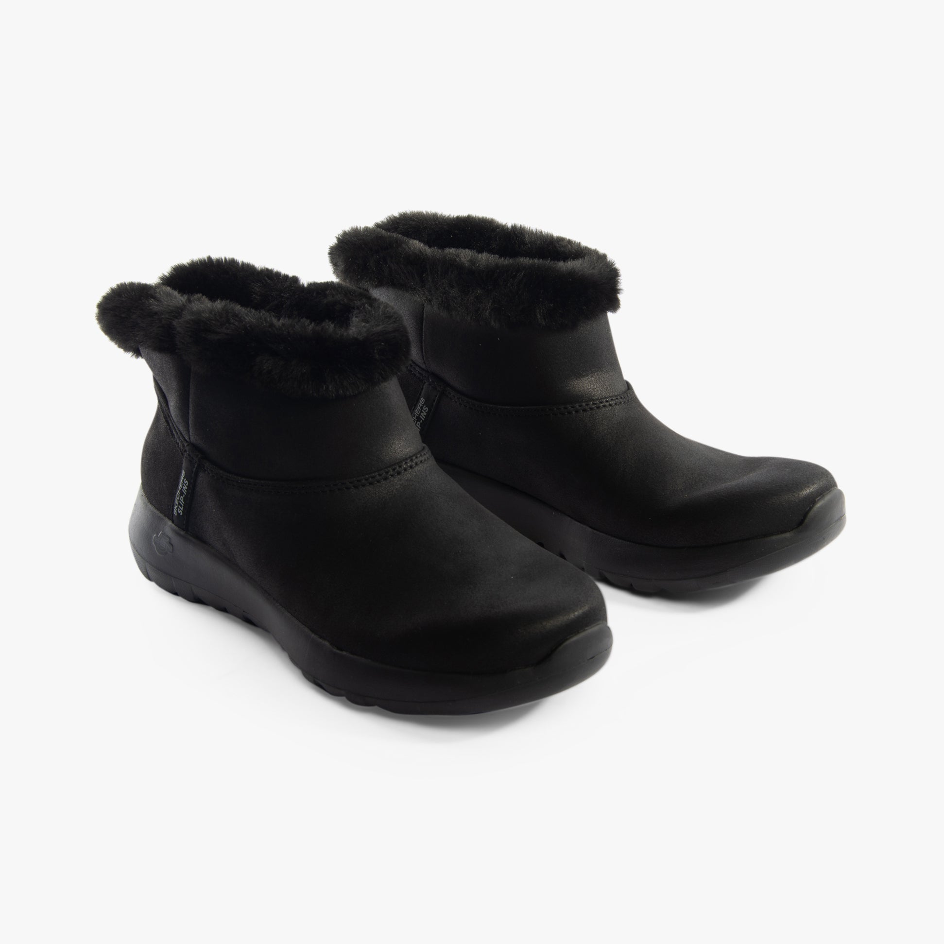 Skechers 144800/BBK ON-THE-GO JOY - COZY DREAM Womens Boots Black side view, featuring faux leather and faux fur lining.