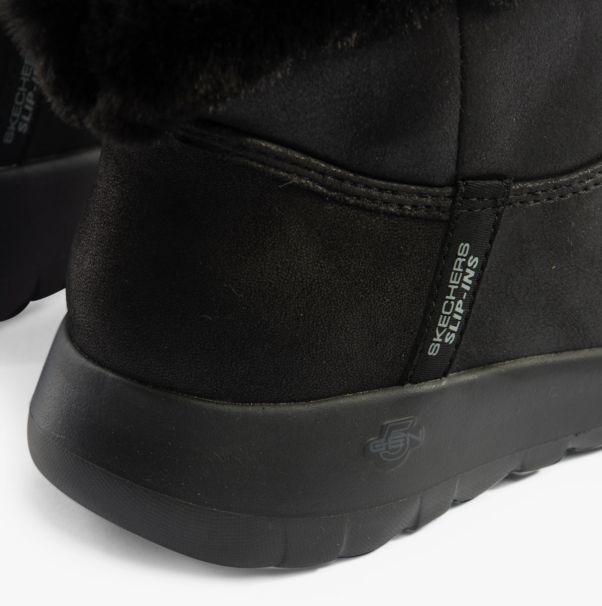Skechers 144800/BBK ON-THE-GO JOY - COZY DREAM Womens Boots Black detail view, featuring faux leather and rubber sole.