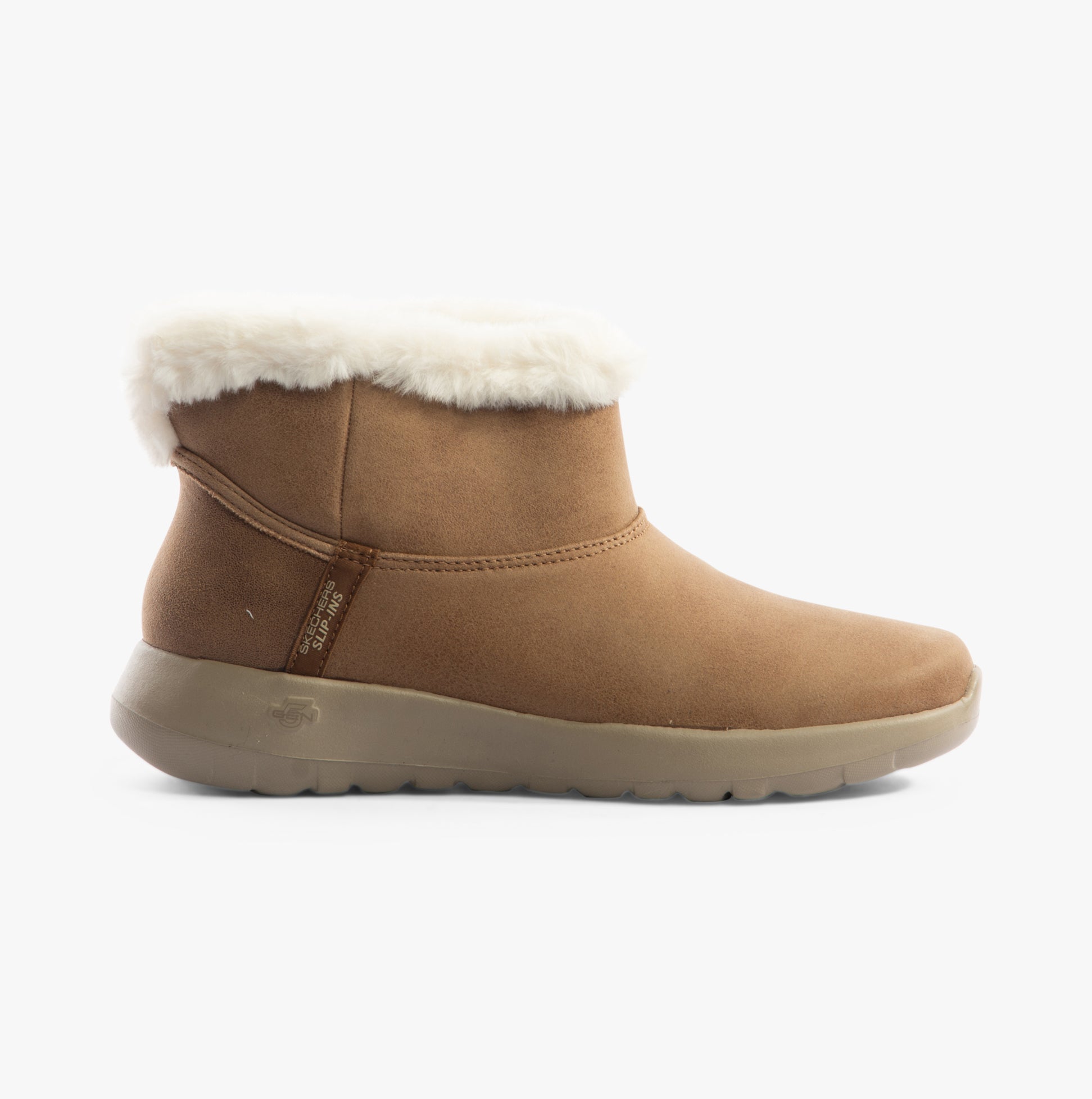 Skechers 144800/CSNT ON-THE-GO JOY - COZY DREAM Womens Boots Chestnut side view showcasing faux leather and fur lining.