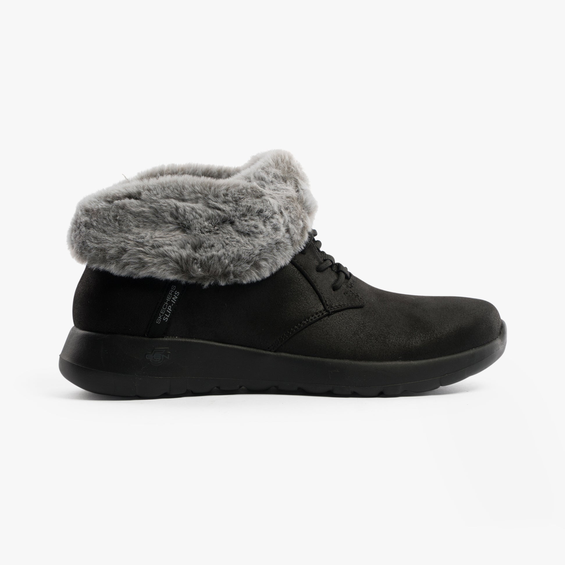Skechers 144803/BKGY ON-THE-GO JOY - COZY CHARM Womens Boots Black/Grey side view with faux fur lining