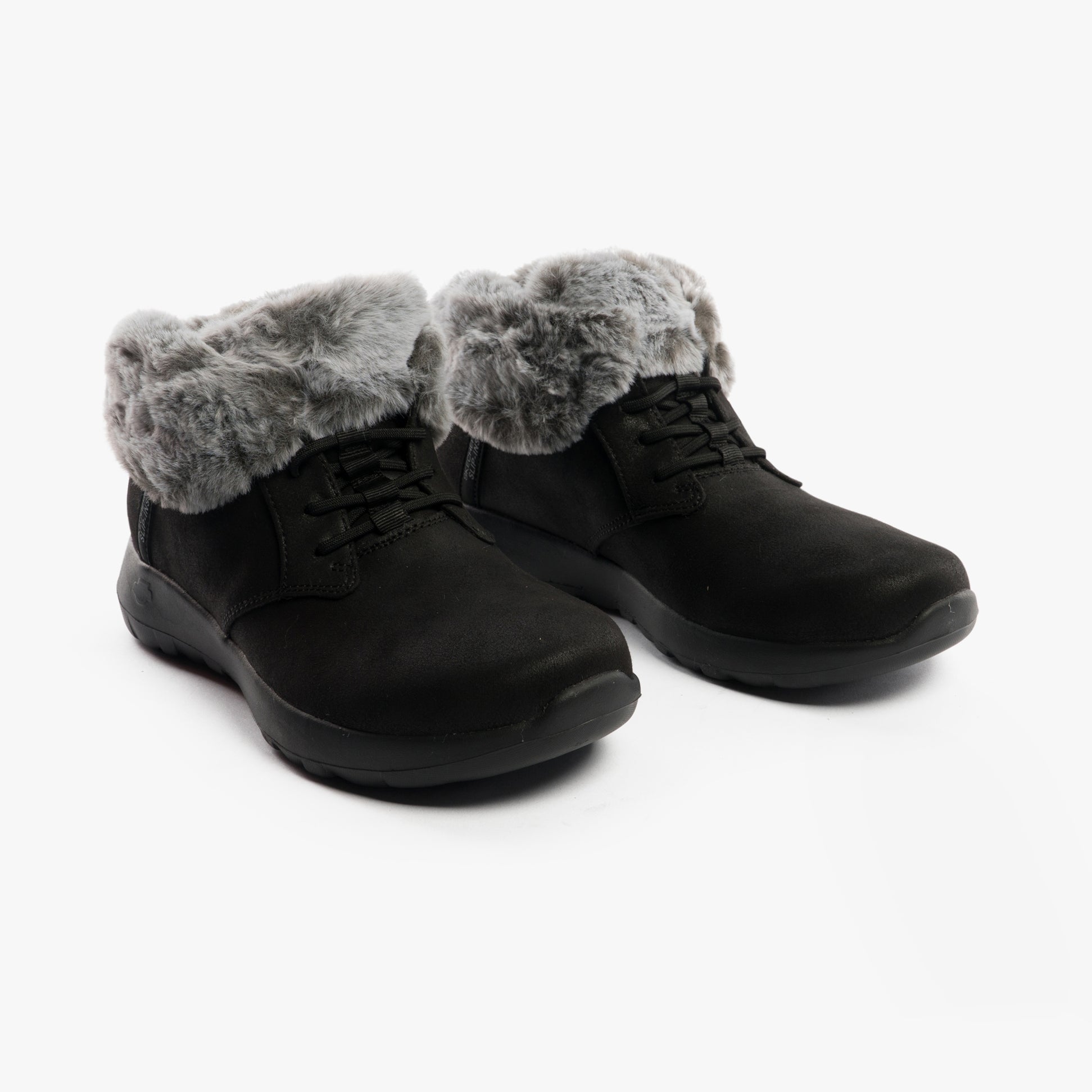 Skechers 144803/BKGY ON-THE-GO JOY - COZY CHARM Womens Boots Black/Grey side view showing plush fur lining.