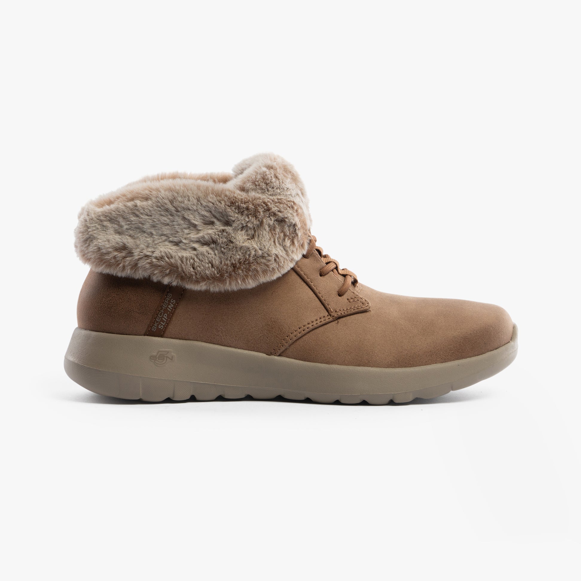Skechers 144803/CSNT ON-THE-GO JOY - COZY CHARM Womens Boots Chestnut side view with faux fur lining and slip-on design.