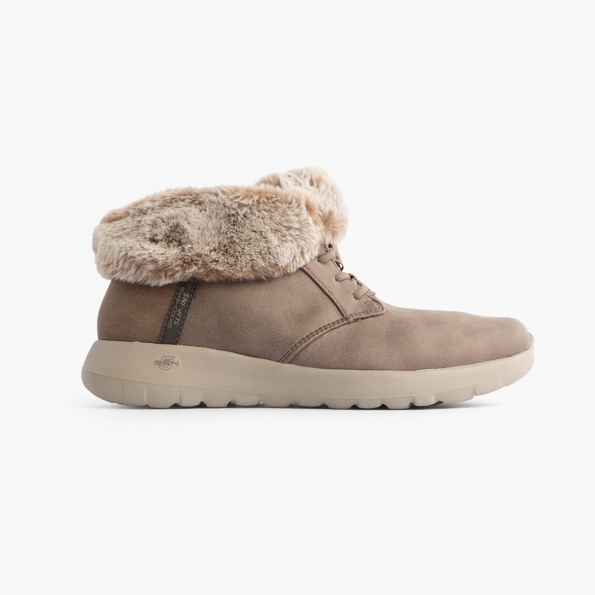 Skechers 144803/DKTP ON-THE-GO JOY - COZY CHARM Womens Boots Dark Taupe side view with faux fur lining.