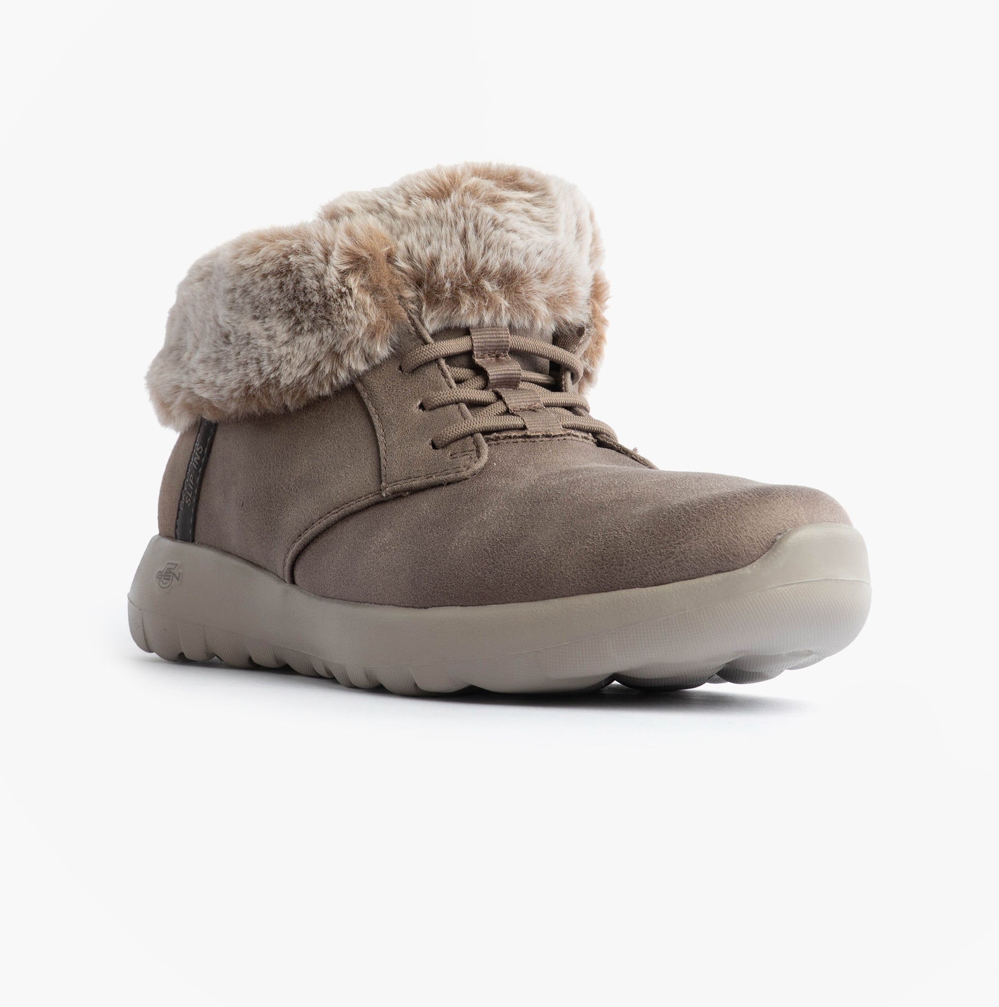Skechers 144803/DKTP ON-THE-GO JOY - COZY CHARM Womens Boots Dark Taupe side view with faux fur lining and synthetic sole