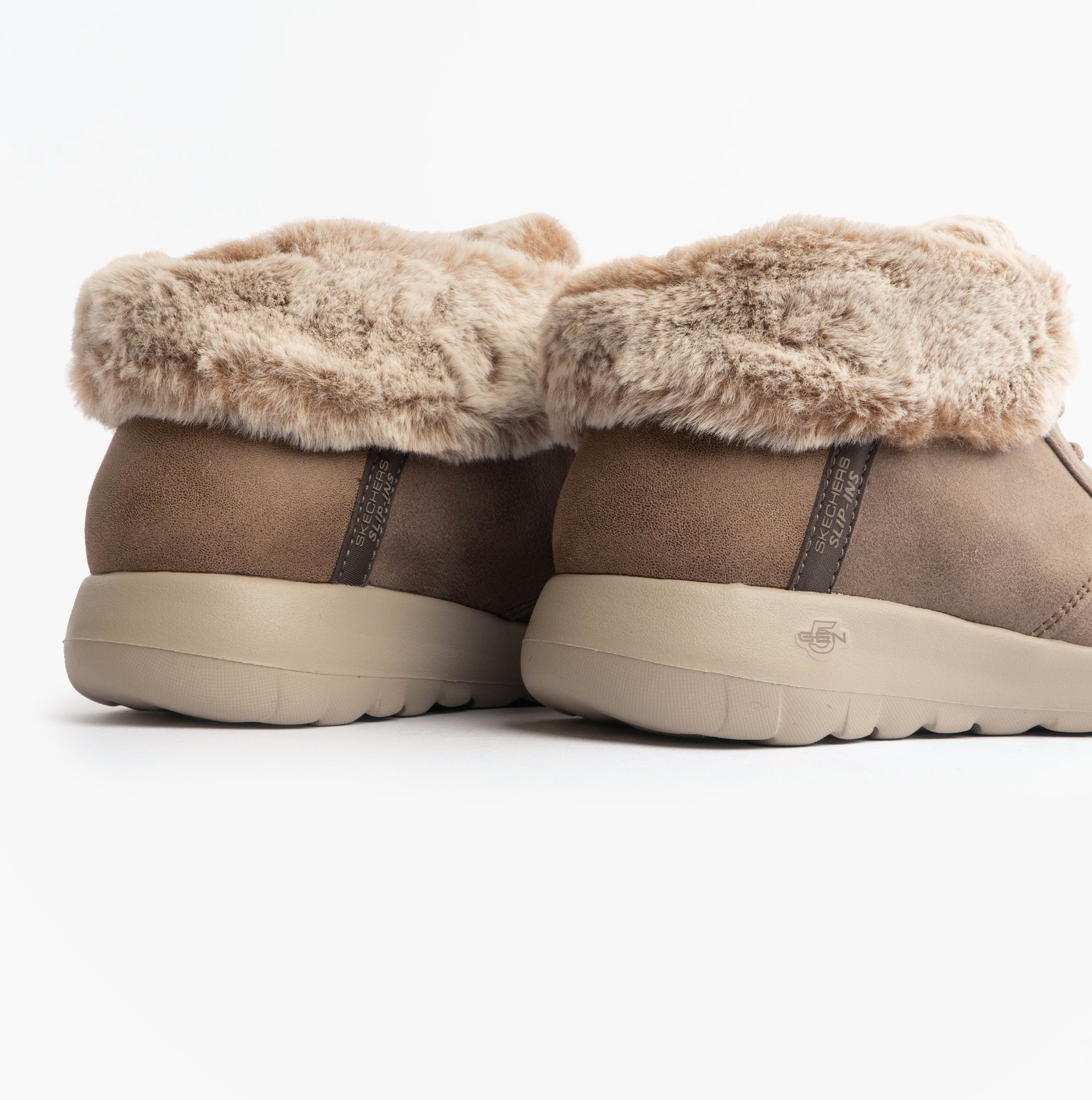Skechers 144803/DKTP ON-THE-GO JOY - COZY CHARM Womens Boots Dark Taupe rear view showing faux fur lining and synthetic sole.
