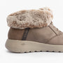 Skechers 144803/DKTP ON-THE-GO JOY - COZY CHARM Womens Boots Dark Taupe side view, featuring faux fur lining and slip-on design.