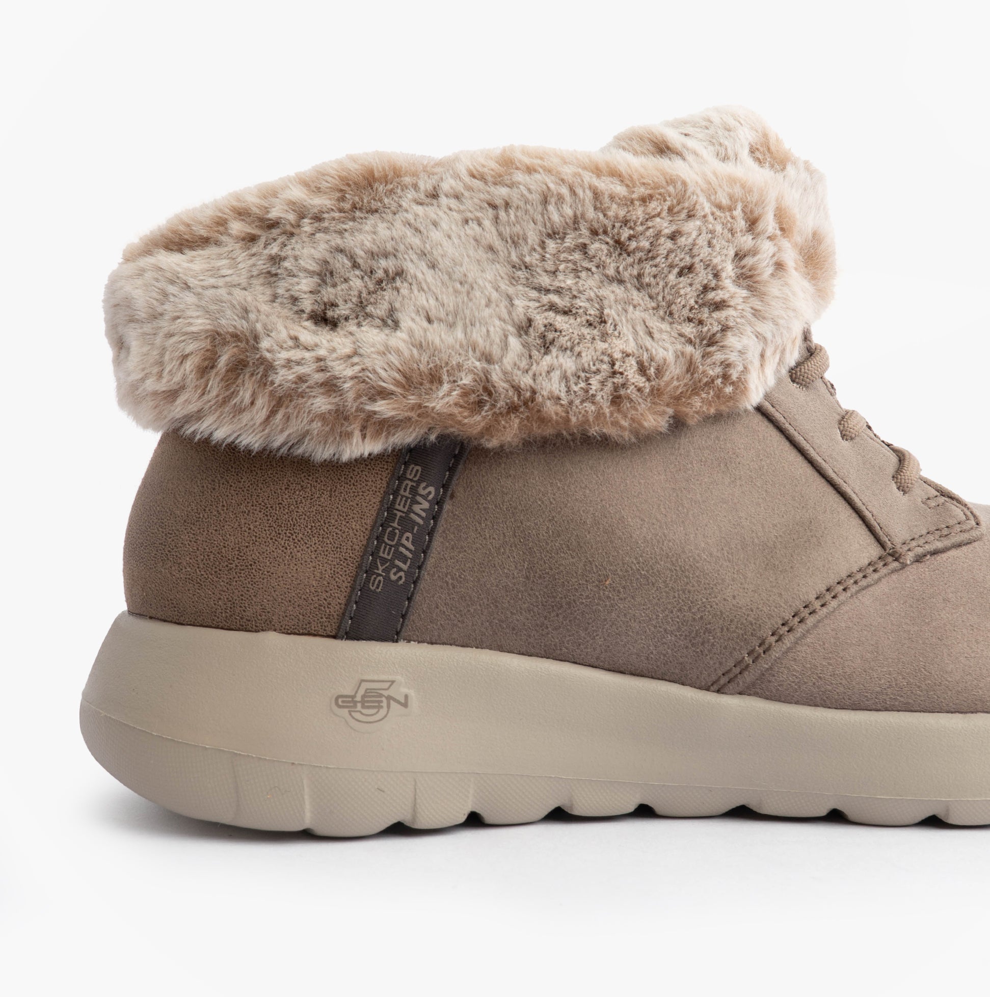 Skechers 144803/DKTP ON-THE-GO JOY - COZY CHARM Womens Boots Dark Taupe side view, featuring faux fur lining and slip-on design.