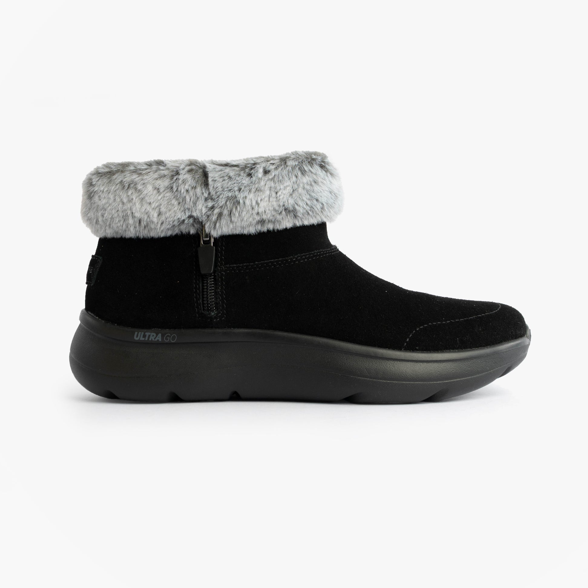 Skechers 144848/BKGY ON-THE-GO ENCORE - SNOW-CAPPE Womens Boots Black/Gray side view with faux fur collar.