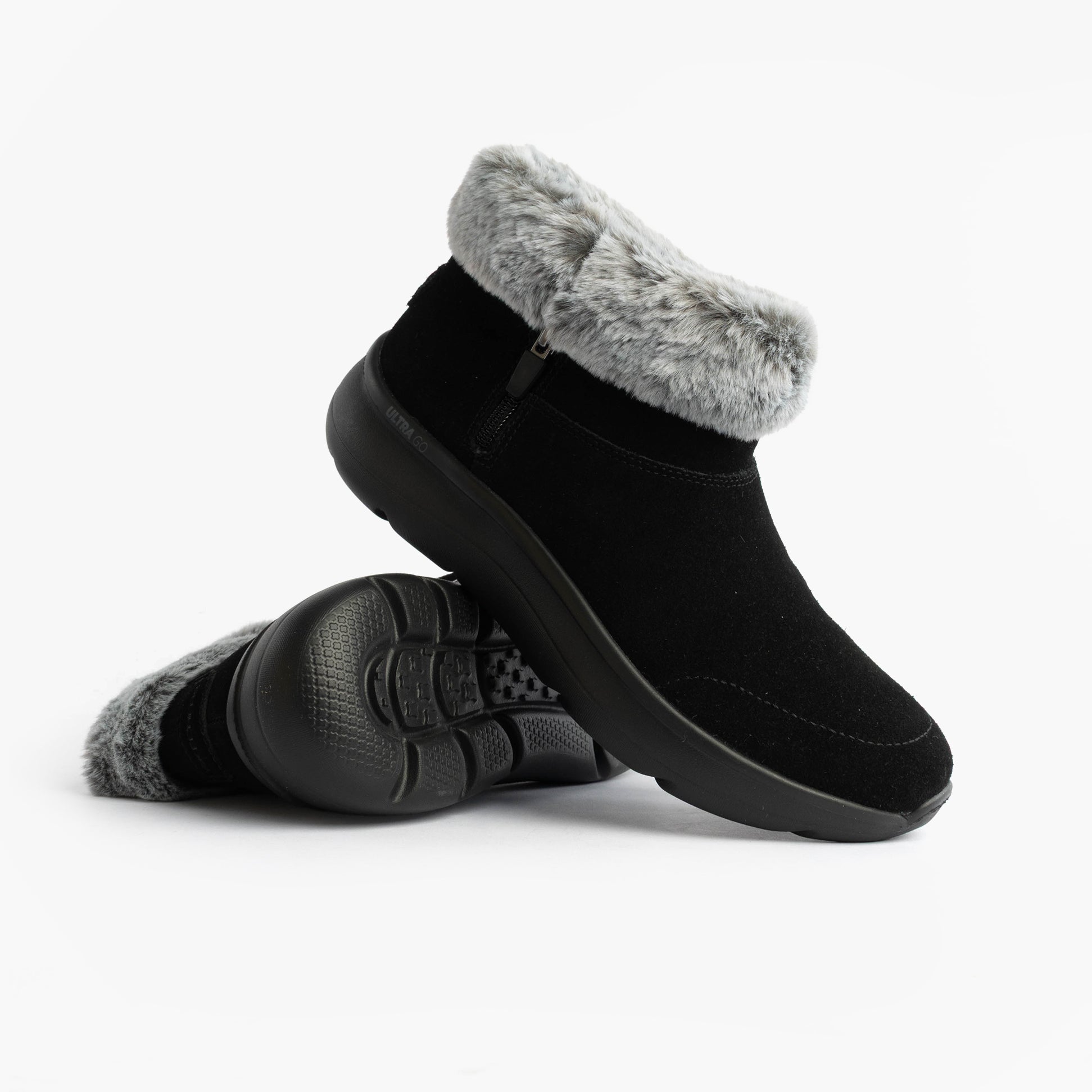 Skechers 144848/BKGY ON-THE-GO ENCORE - SNOW-CAPPE Womens Boots Black/Gray side view with faux fur collar