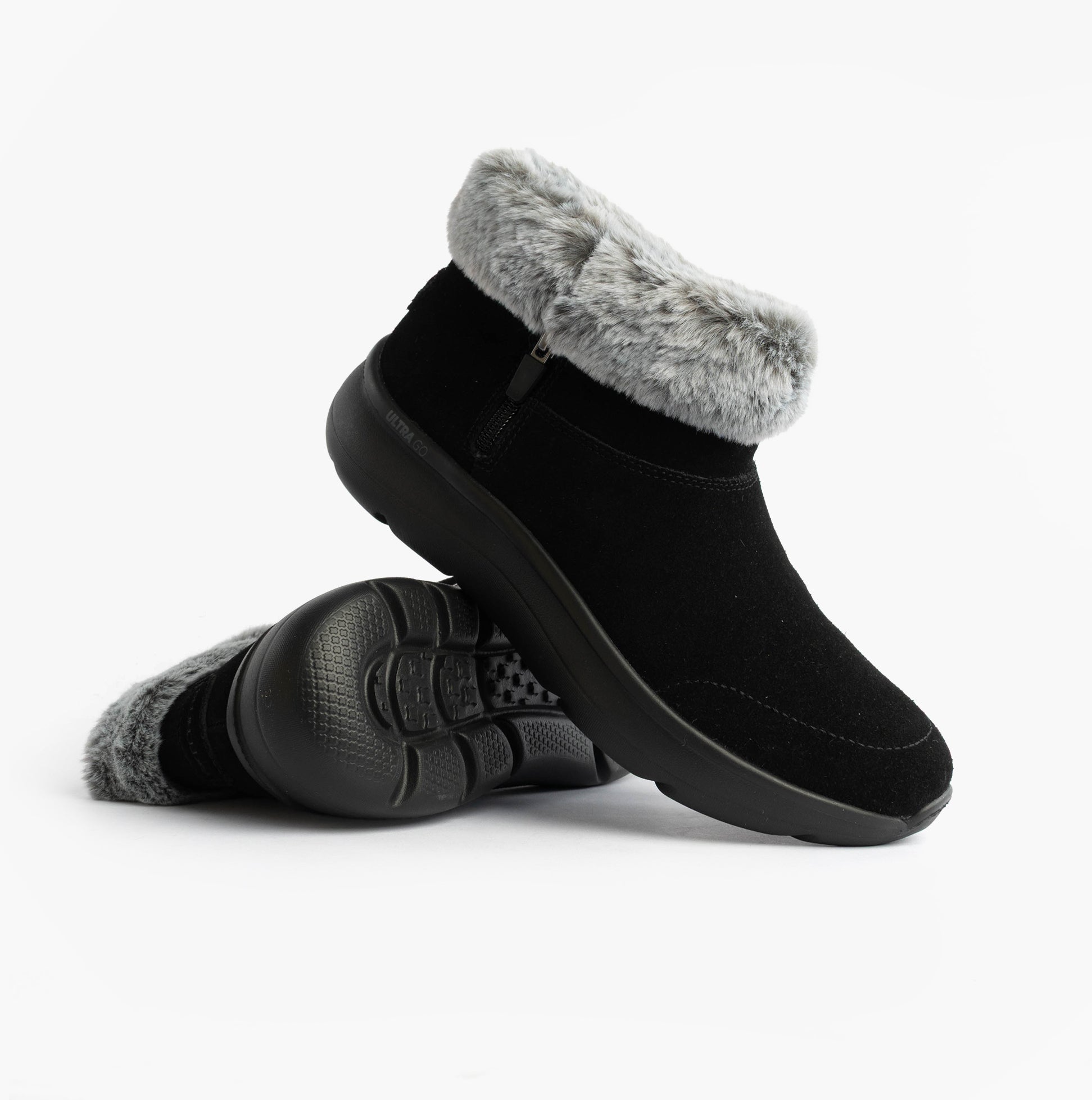 Skechers 144848/BKGY ON-THE-GO ENCORE - SNOW-CAPPE Womens Boots Black/Gray side view with faux fur collar