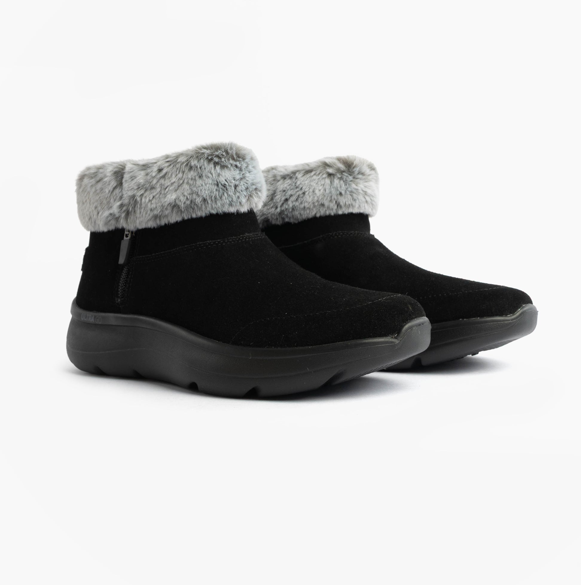 Skechers 144848/BKGY ON-THE-GO ENCORE - SNOW-CAPPE Womens Boots Black/Gray side view with faux fur collar