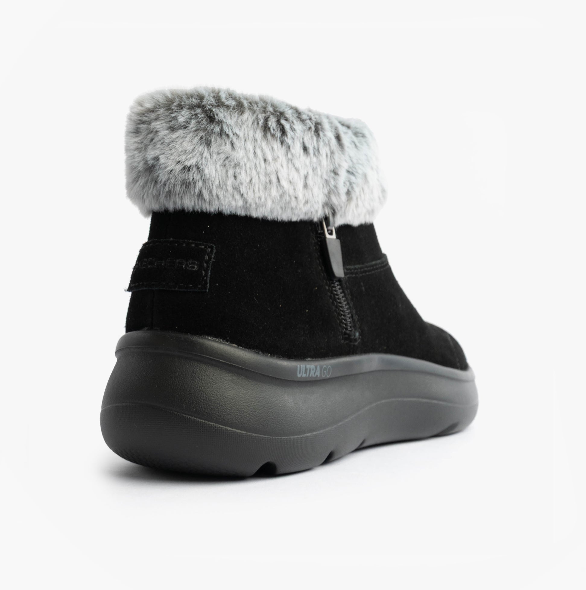 Skechers 144848/BKGY ON-THE-GO ENCORE - SNOW-CAPPE Womens Boots Black/Gray side view showcasing faux fur collar and zip closure.