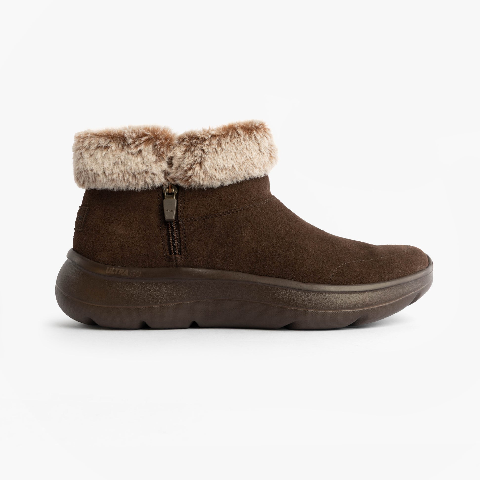 Skechers 144848/CHOC ON-THE-GO ENCORE - SNOW-CAPPE Womens Boots Chocolate side view with faux fur lining.