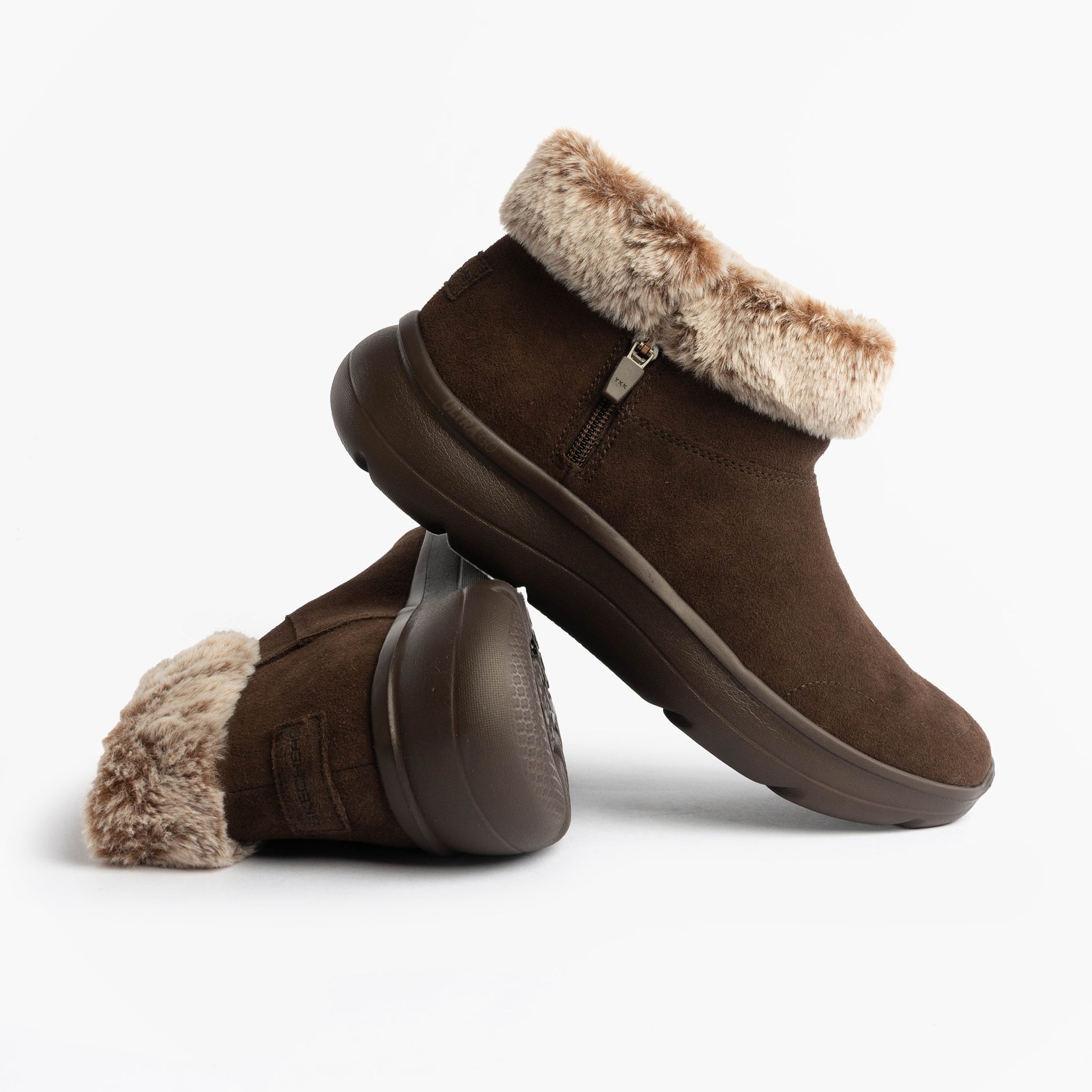 Skechers 144848/CHOC ON-THE-GO ENCORE - SNOW-CAPPE Womens Boots Chocolate side view showcasing suede and faux fur details.