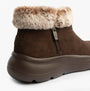 Skechers 144848/CHOC ON-THE-GO ENCORE - SNOW-CAPPE Womens Boots Chocolate side view with faux fur collar and zip closure.