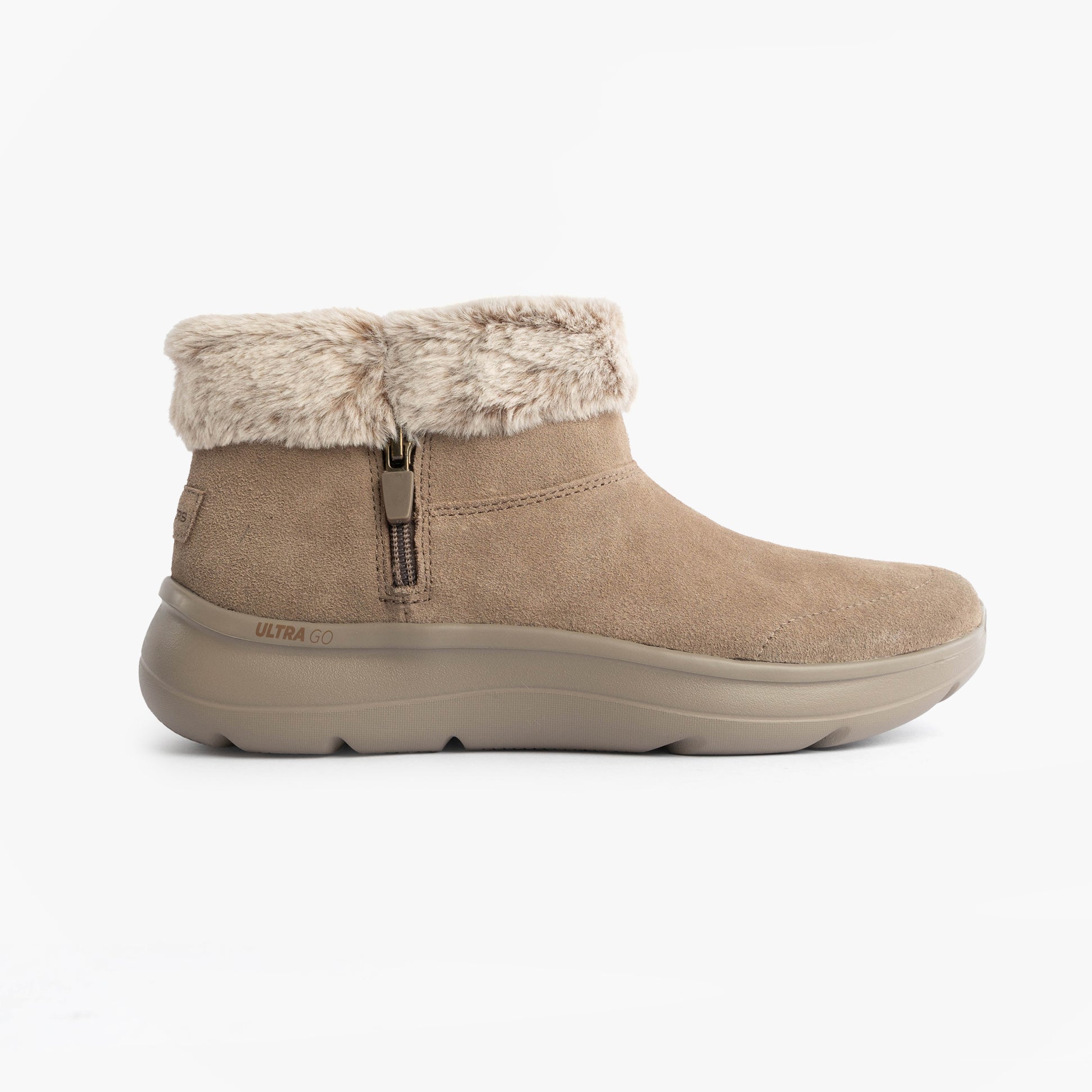 Skechers 144848/DKTP ON-THE-GO ENCORE - SNOW-CAPPE Womens Boots Dark Taupe side view with faux fur lining.
