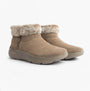Skechers 144848/DKTP ON-THE-GO ENCORE - SNOW-CAPPE Womens Boots Dark Taupe side view featuring suede leather and faux fur lining.