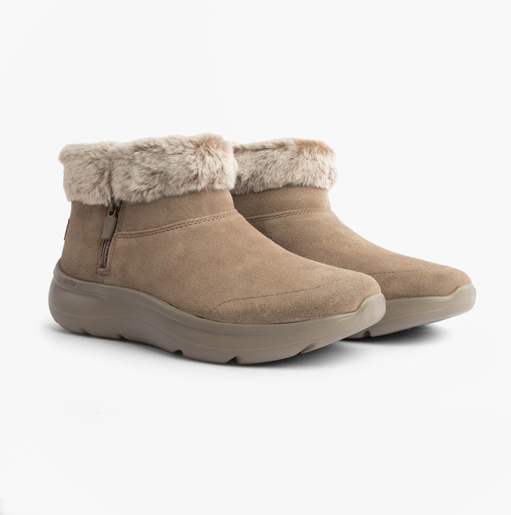 Skechers 144848/DKTP ON-THE-GO ENCORE - SNOW-CAPPE Womens Boots Dark Taupe side view featuring suede leather and faux fur lining.