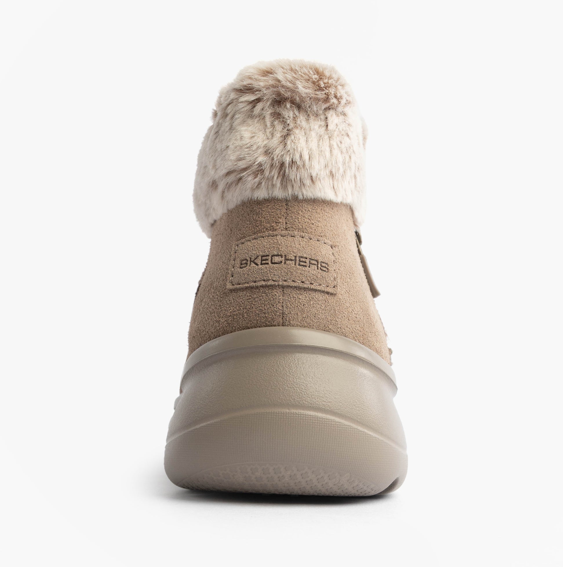 Skechers 144848/DKTP ON-THE-GO ENCORE - SNOW-CAPPE Womens Boots Dark Taupe back view showcasing plush faux fur collar.