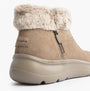 Skechers 144848/DKTP ON-THE-GO ENCORE - SNOW-CAPPE Womens Boots Dark Taupe side view showcasing faux fur collar and zip closure.
