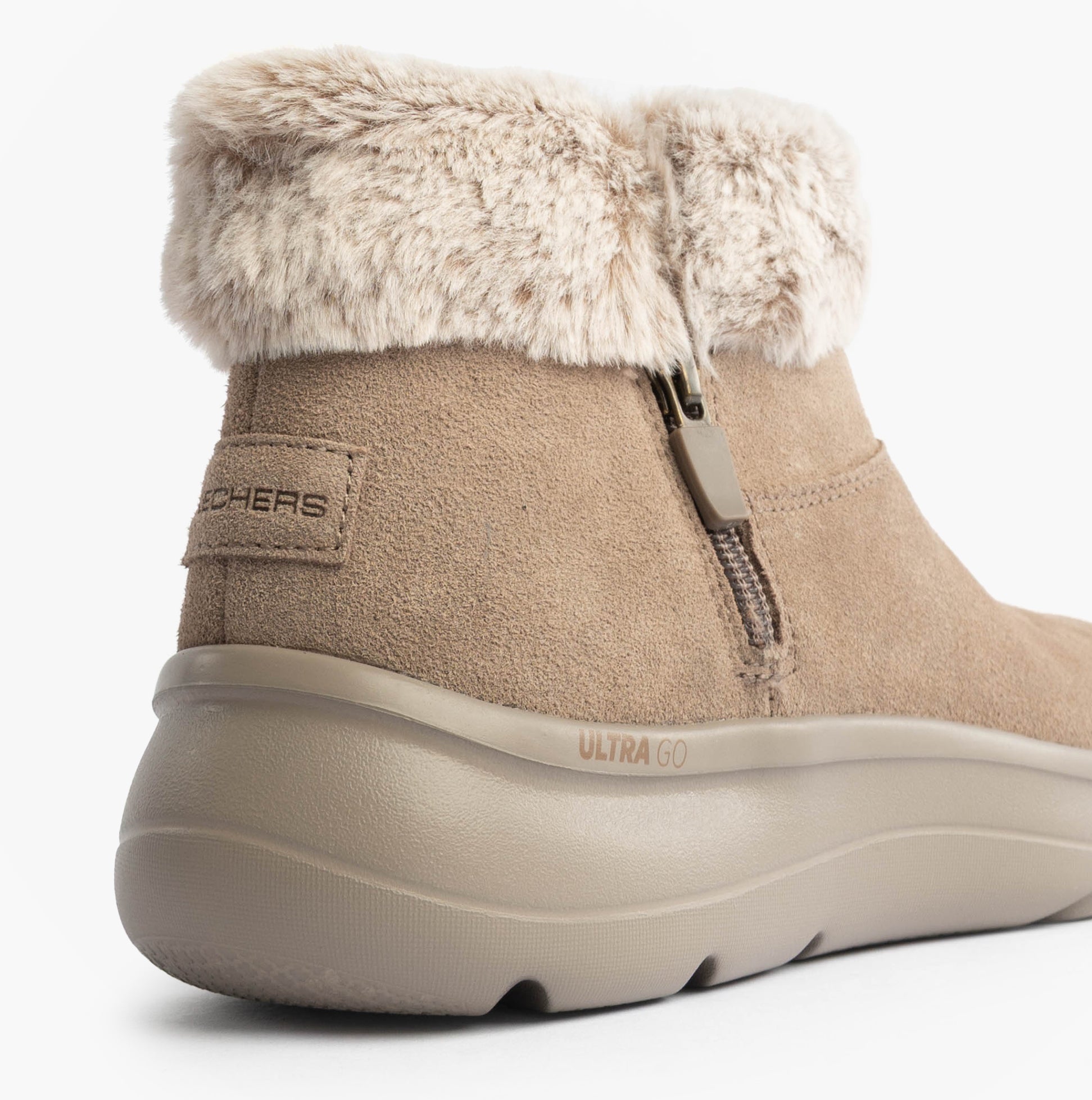 Skechers 144848/DKTP ON-THE-GO ENCORE - SNOW-CAPPE Womens Boots Dark Taupe side view showcasing faux fur collar and zip closure.