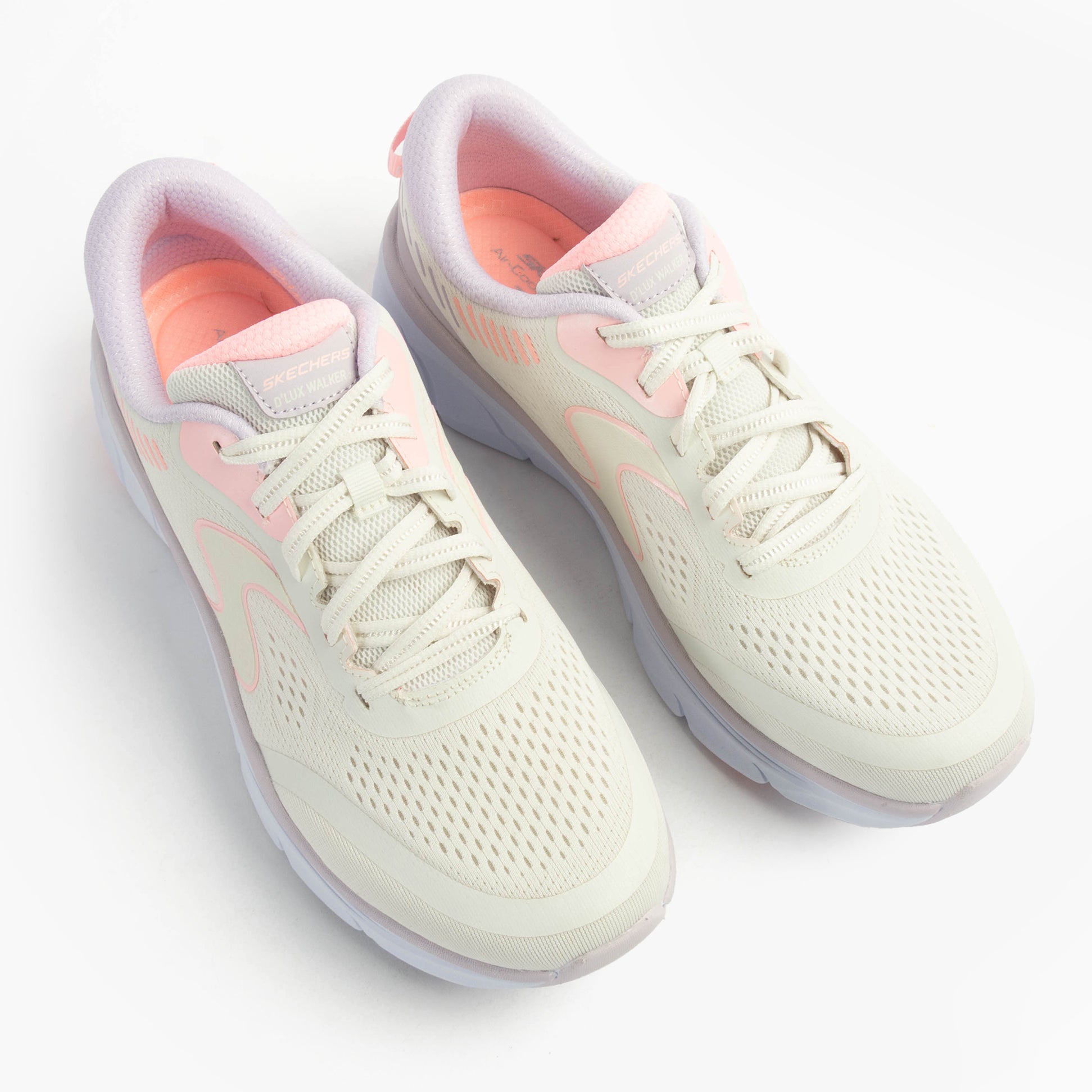 Skechers 150007/OFPK D'LUX WALKER 2.0-ACTIVE PACE Womens Trainers Off White/Pink top view featuring lace-up closure and breathable mesh.