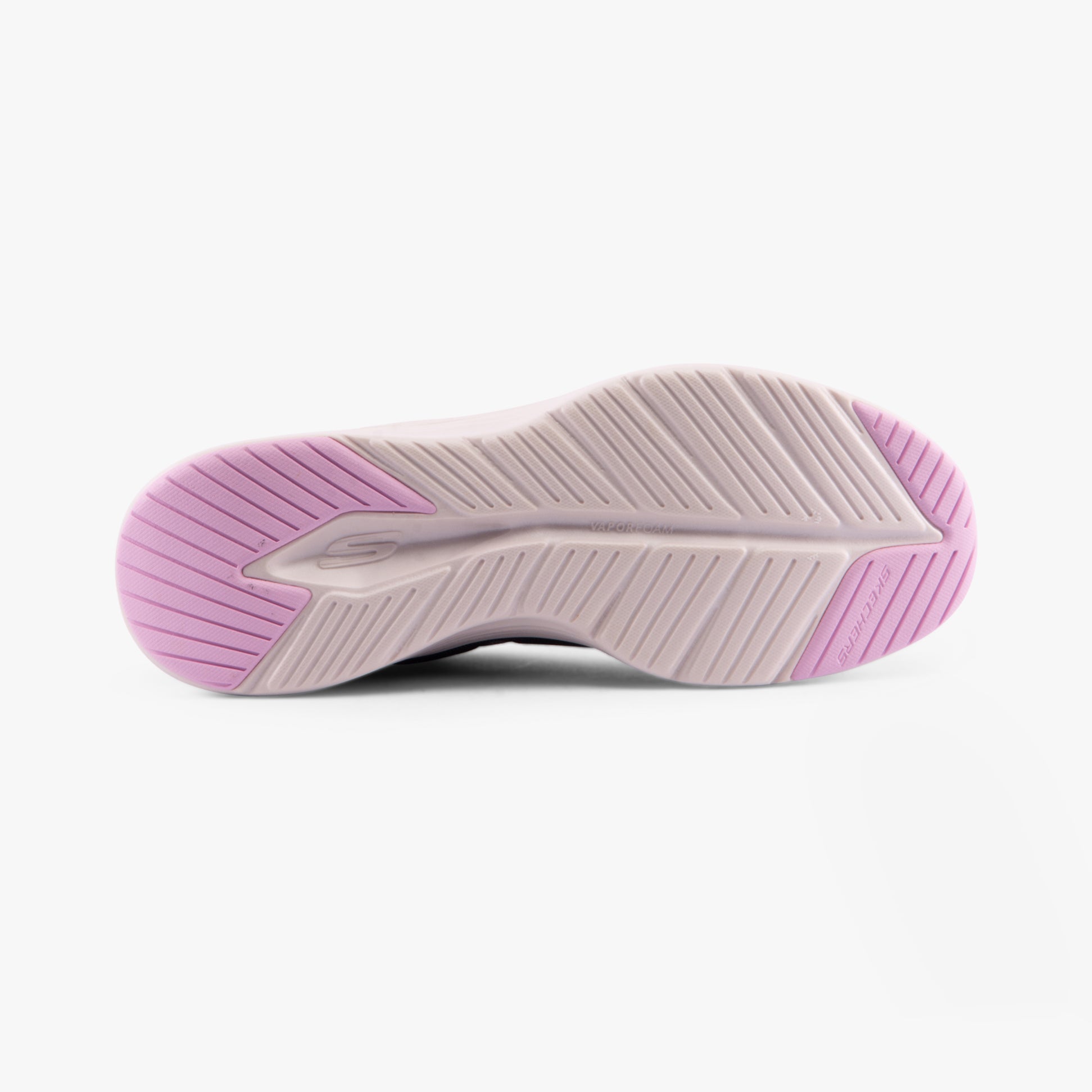 Skechers 150028/BKMT VAPOR FOAM - SMOOTH RIDE Womens Trainers Black/Multi bottom view showing pink rubber sole.