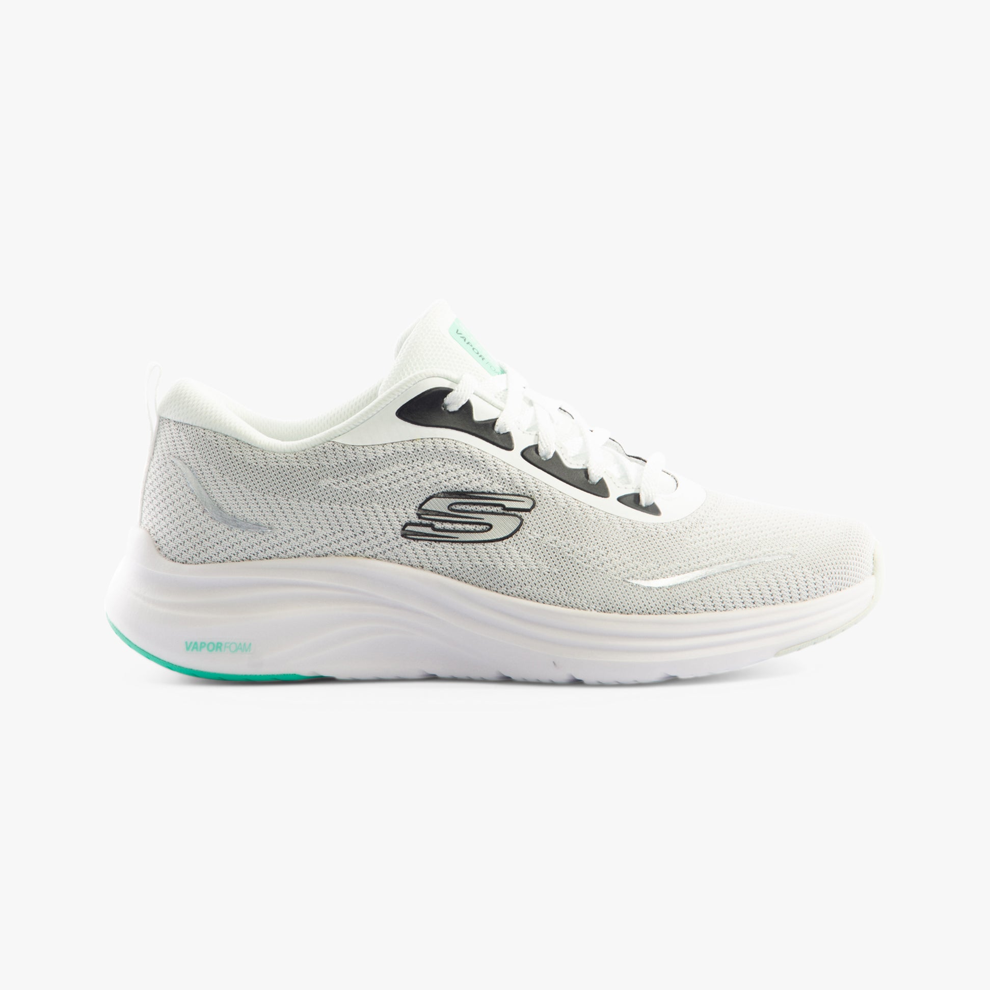 Skechers 150028/WBK VAPOR FOAM - SMOOTH RIDE Womens Trainers White/Black side view showing textile upper and lace-up closure.