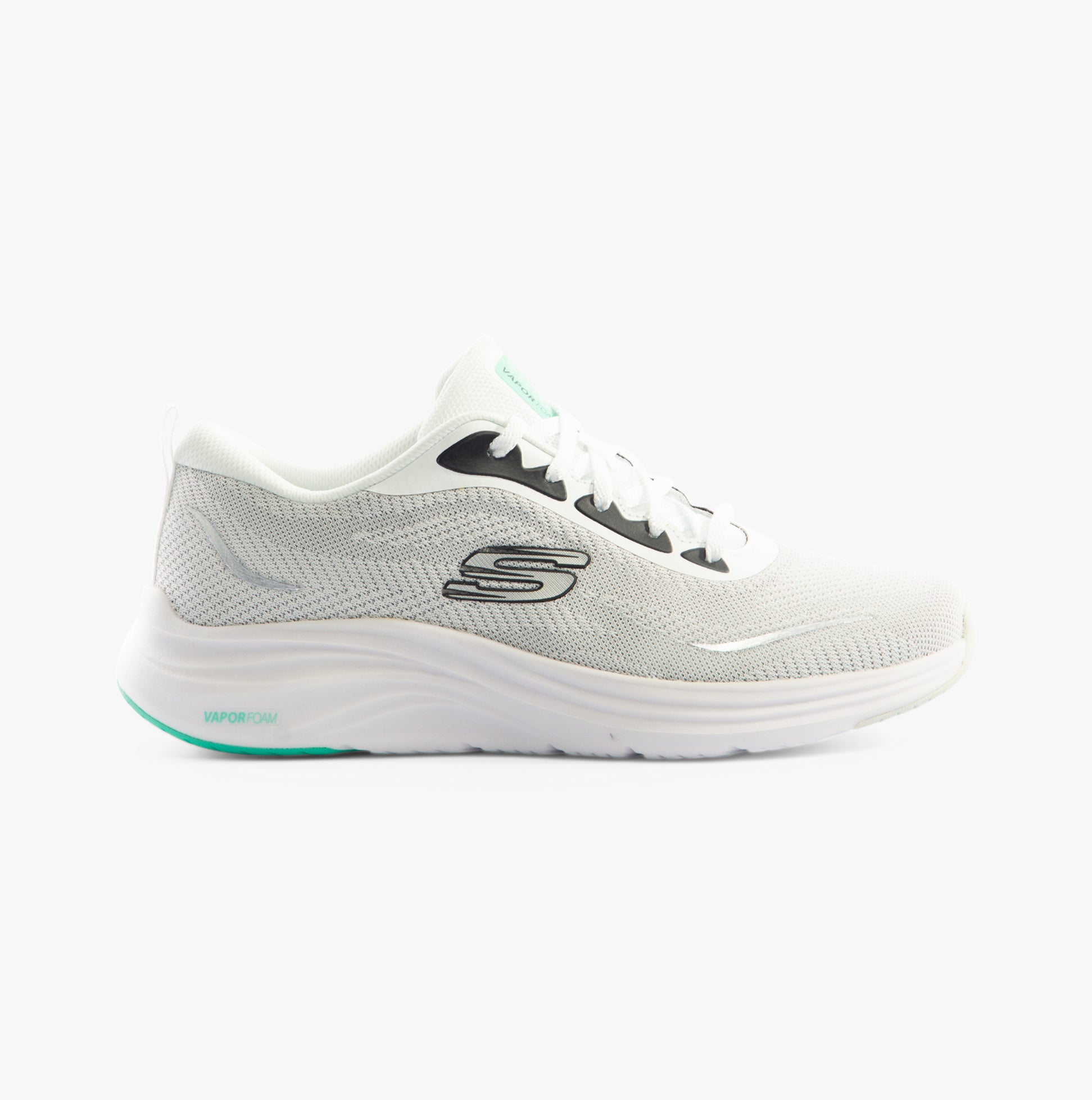 Skechers 150028/WBK VAPOR FOAM - SMOOTH RIDE Womens Trainers White/Black side view showing textile upper and lace-up closure.