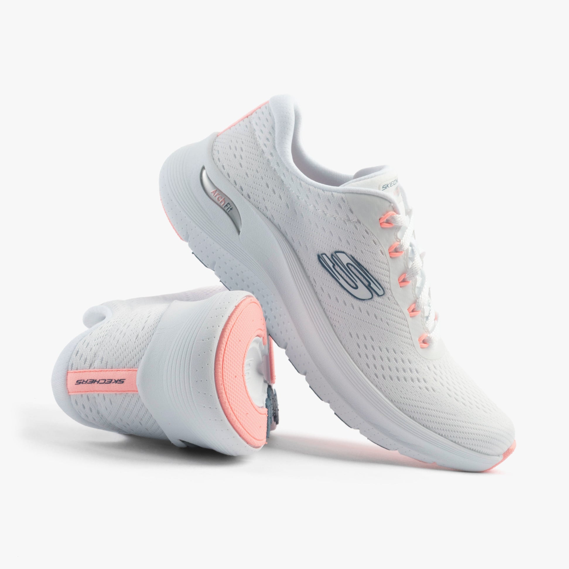 Skechers 150051/WPKB ARCH FIT 2.0 - BIG LEAGUE Womens Trainers White/Pink/Blue side view and detail view.