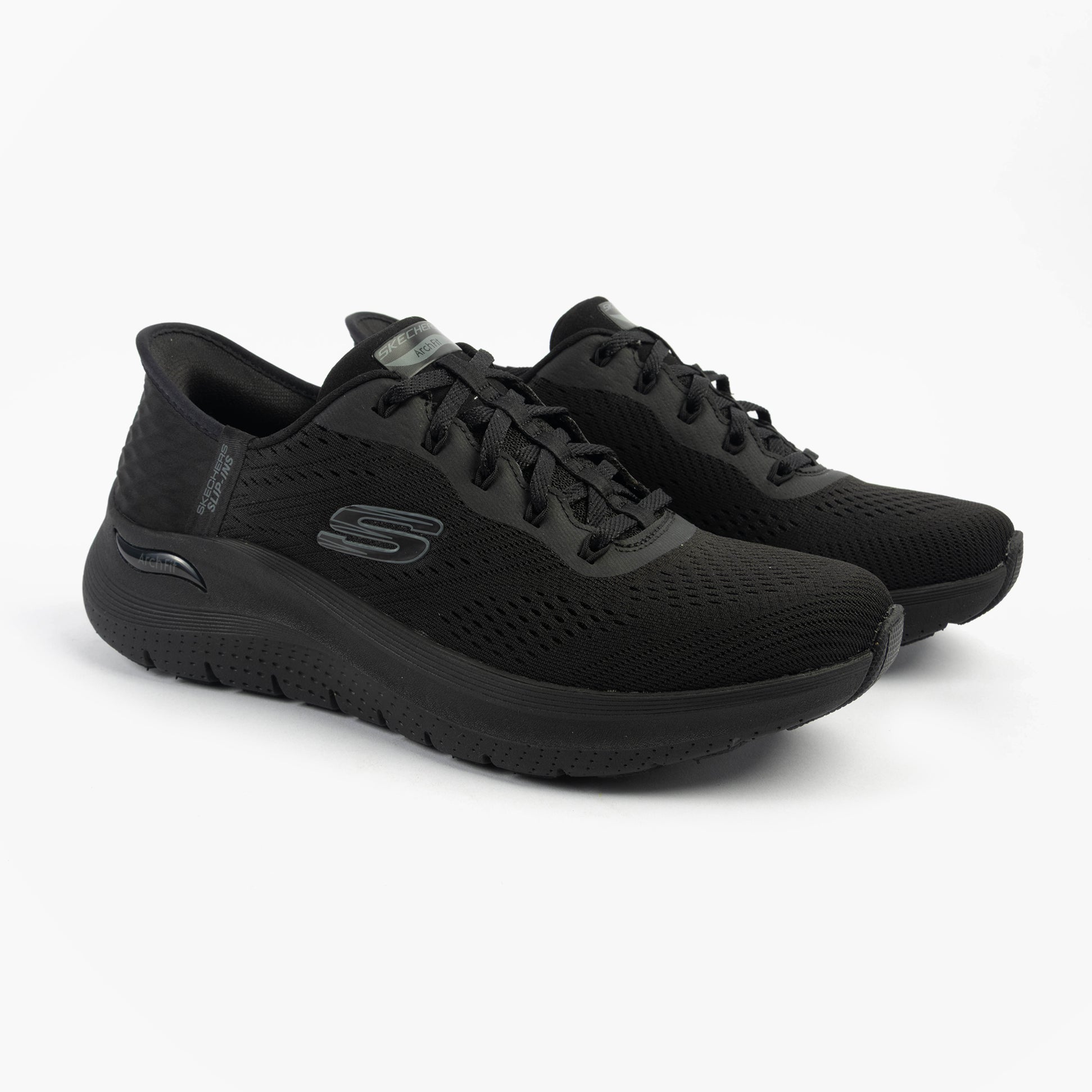 Skechers 150066/BBK ARCH FIT 2.0 - EASY CHIC Womens Trainers Black side view with lace-up closure and round toe.