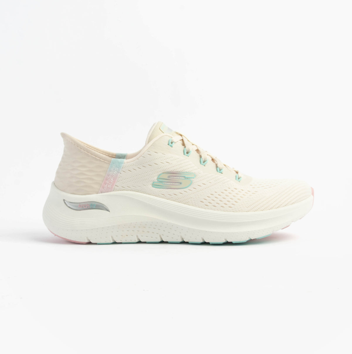 Skechers 150066/NTPK ARCH FIT 2.0 - EASY CHIC Womens Trainers Natural Pink side view featuring comfortable lace-up design.