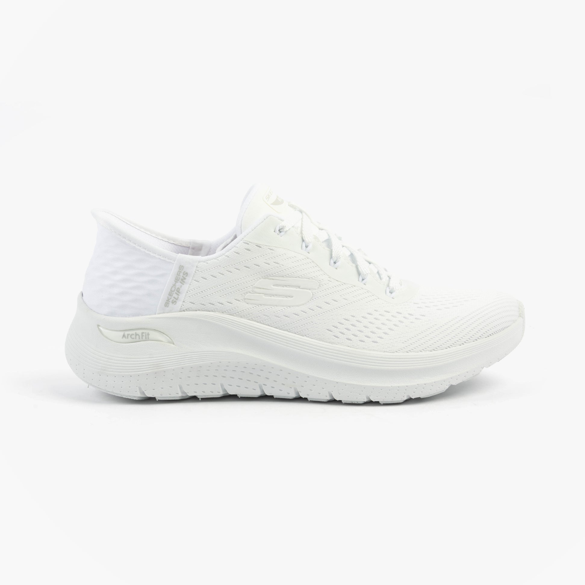 Skechers 150066/WHT ARCH FIT 2.0 - EASY CHIC Womens Trainers White side view showcasing the lightweight synthetic upper and lace-up design.