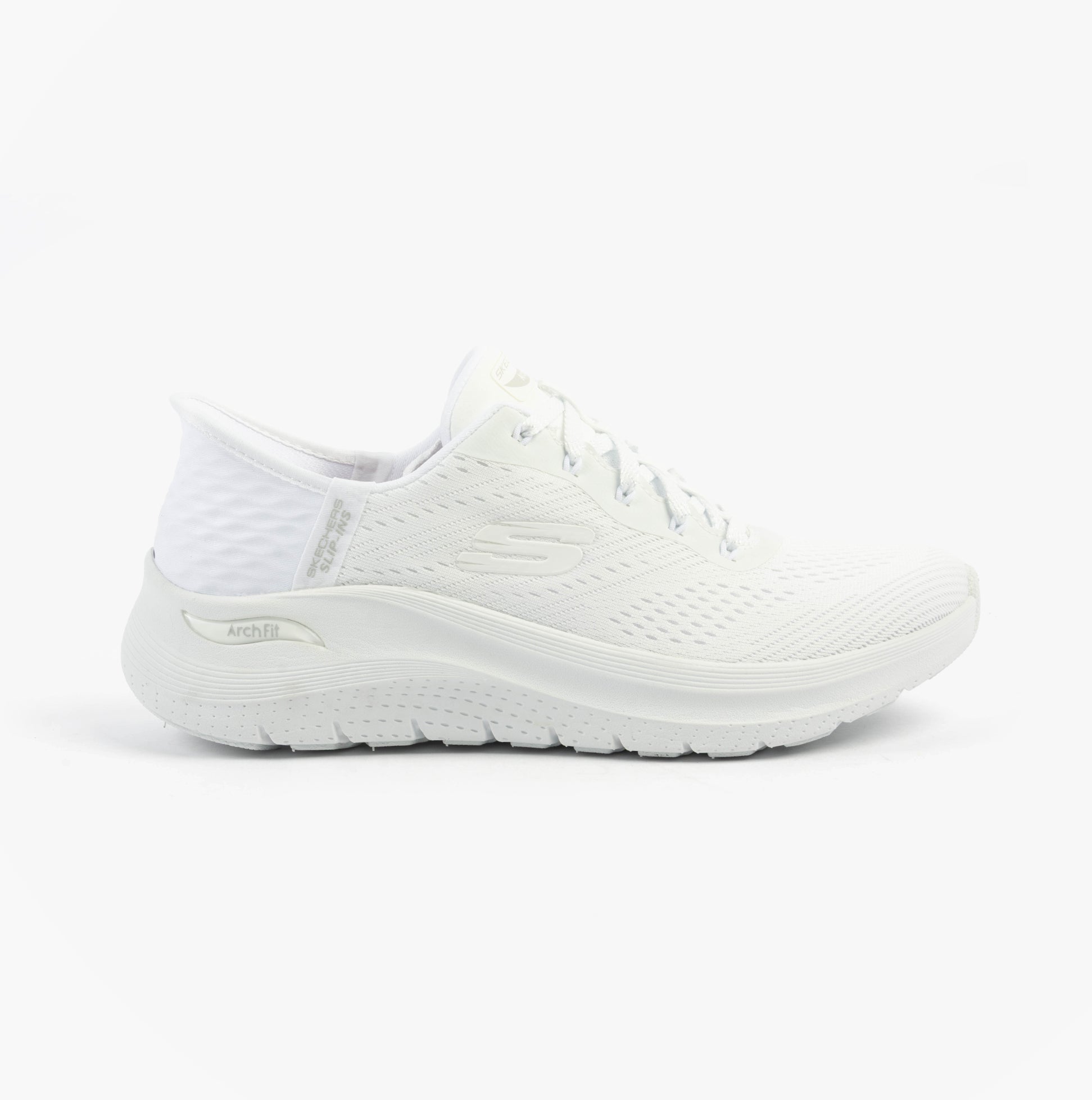 Skechers 150066/WHT ARCH FIT 2.0 - EASY CHIC Womens Trainers White side view showcasing the lightweight synthetic upper and lace-up design.