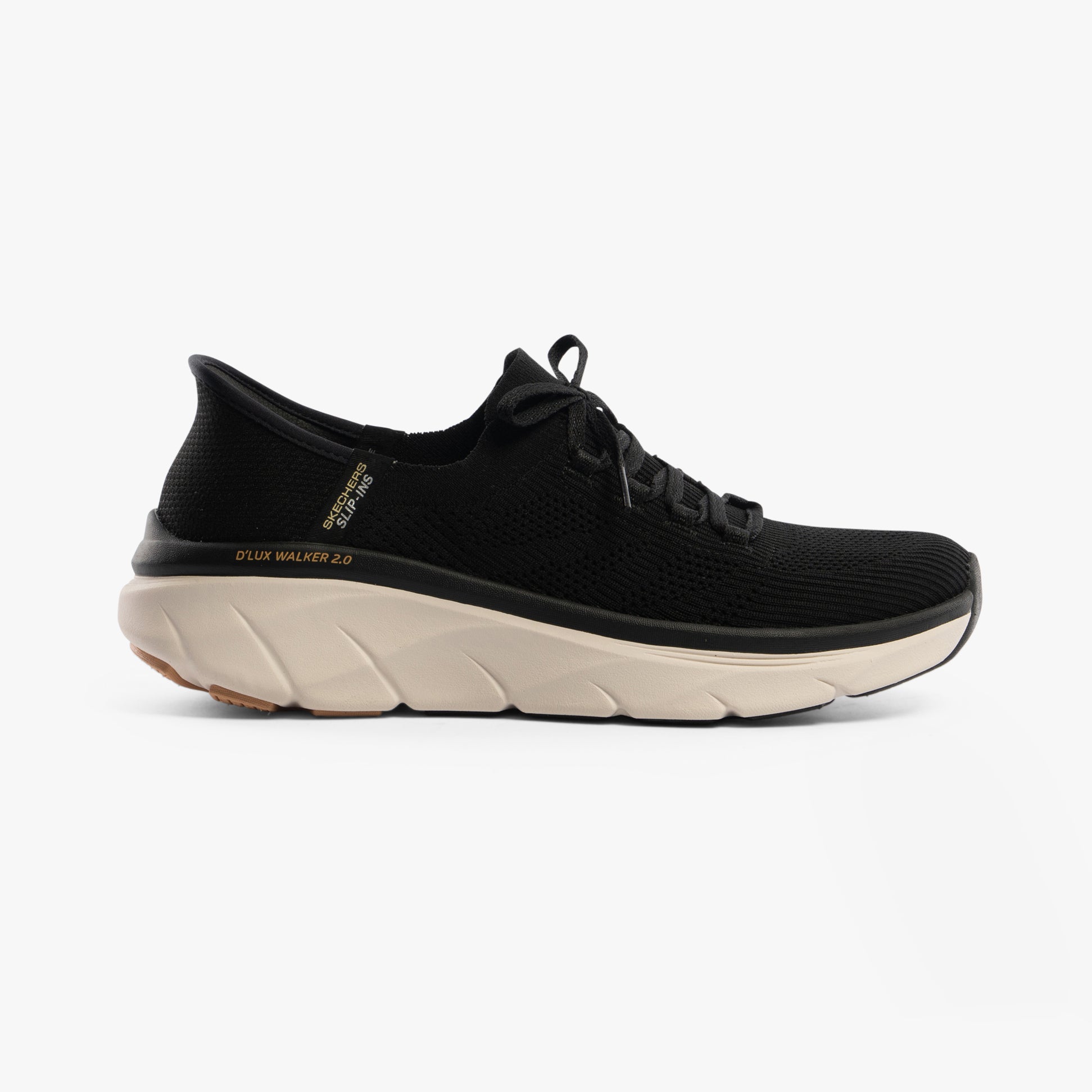 Skechers 150105/BKTN D'LUX WALKER 2.0-THRILL MOVEM Womens Trainers Black/Tan side view with lace-up design and rubber sole.