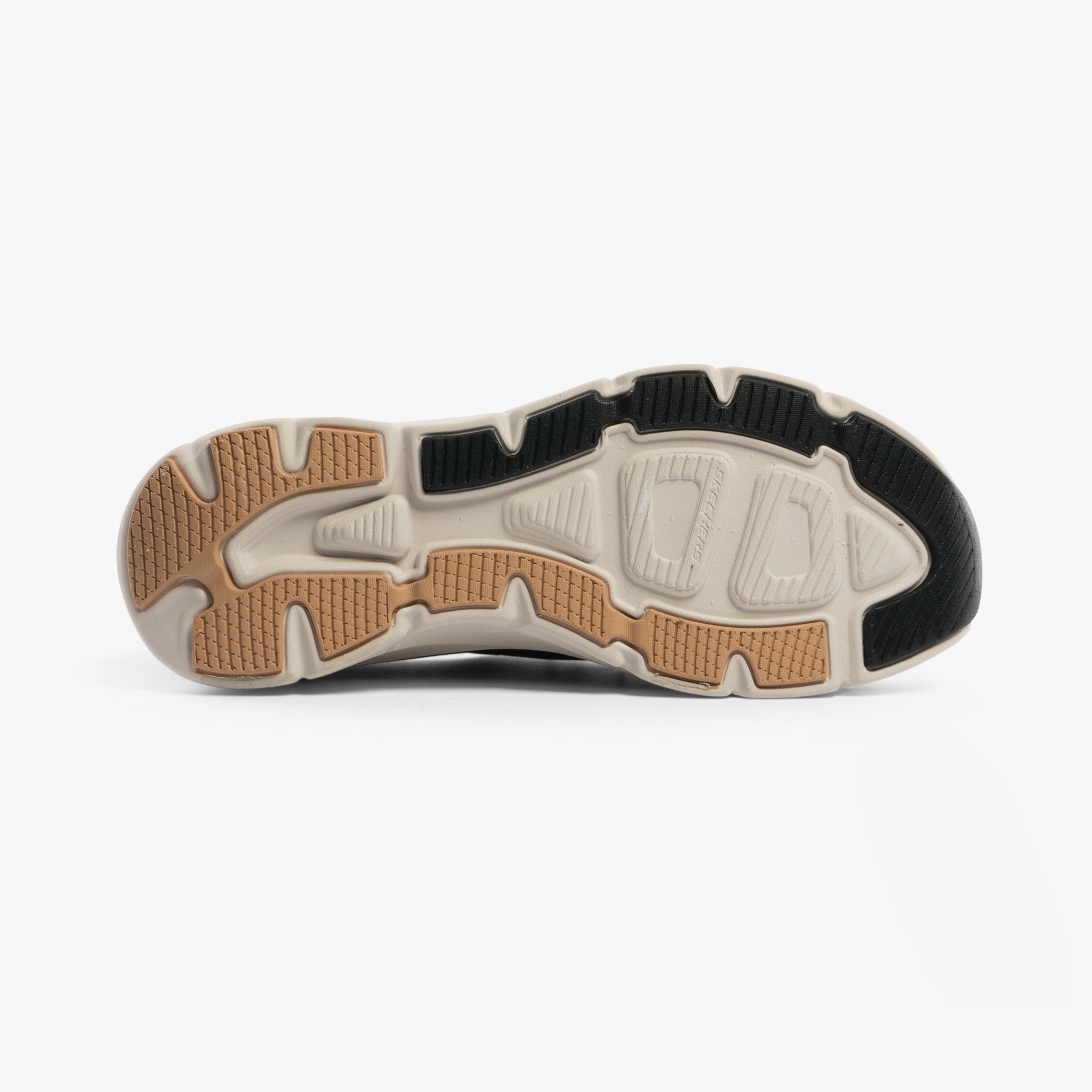 Skechers 150105/BKTN D'LUX WALKER 2.0-THRILL MOVEM Womens Trainers Black/Tan sole view showing rubber sole design.