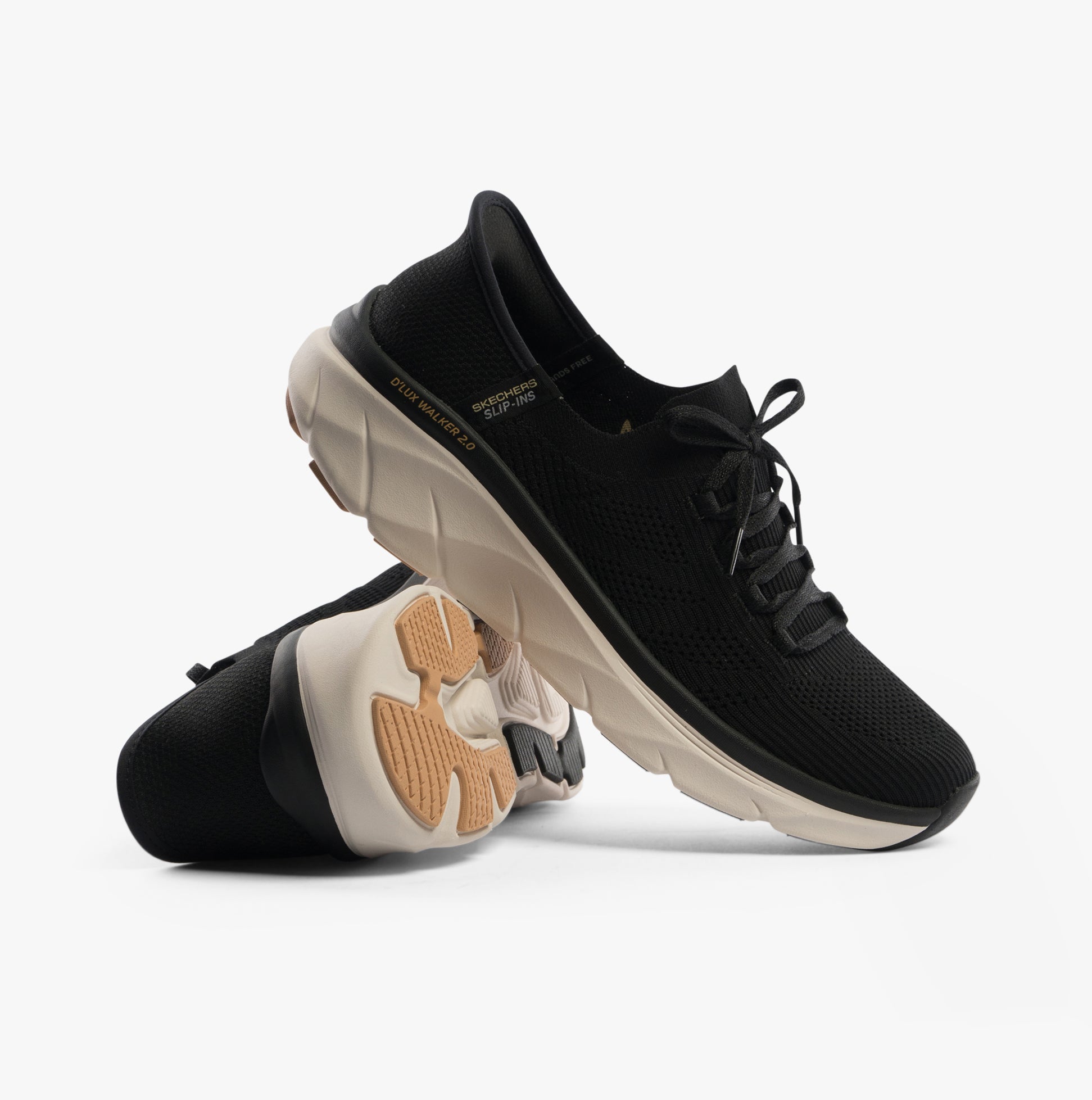 Skechers 150105/BKTN D'LUX WALKER 2.0-THRILL MOVEM Womens Trainers Black/Tan side view showing lace-up design and low top style.