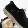 Skechers 150105/BKTN D'LUX WALKER 2.0-THRILL MOVEM Womens Trainers Black/Tan detail view of lace-up design and sole.