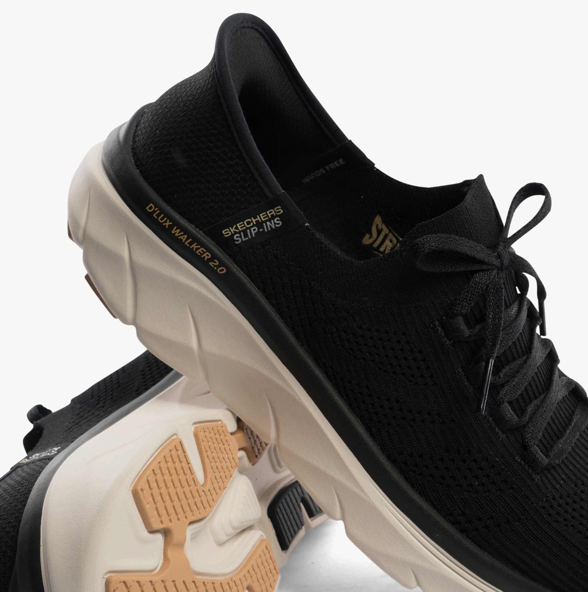 Skechers 150105/BKTN D'LUX WALKER 2.0-THRILL MOVEM Womens Trainers Black/Tan detail view of lace-up design and sole.