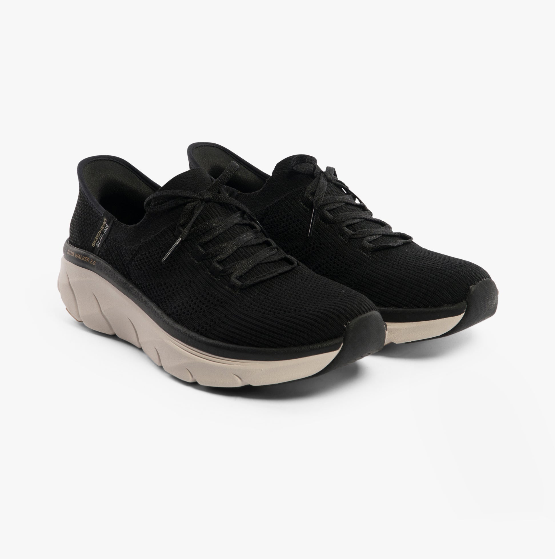 Skechers 150105/BKTN D'LUX WALKER 2.0-THRILL MOVEM Womens Trainers Black/Tan side view showing lace-up closure and round toe.