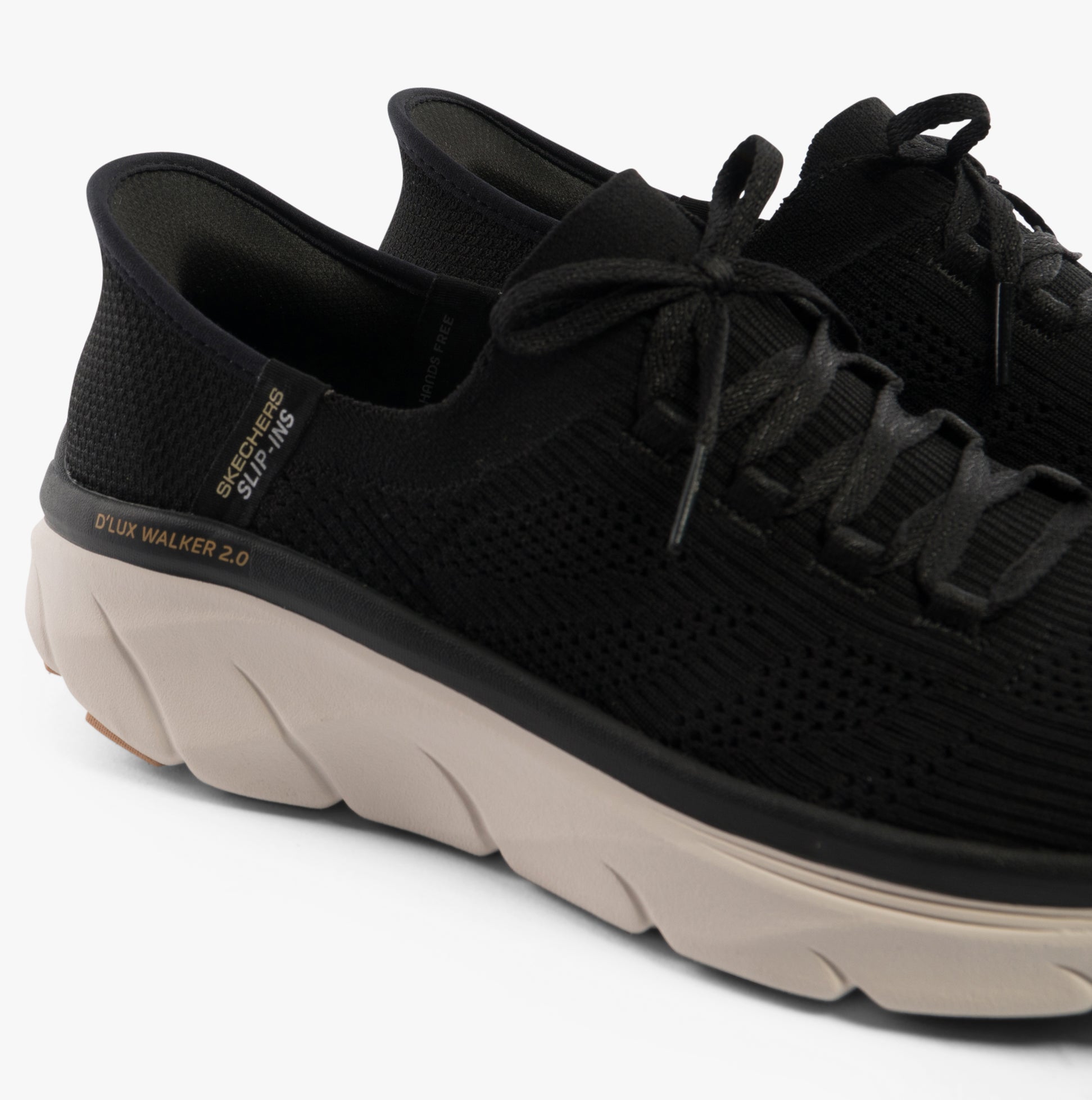 Skechers 150105/BKTN D'LUX WALKER 2.0-THRILL MOVEM Womens Trainers Black/Tan side view of footwear.