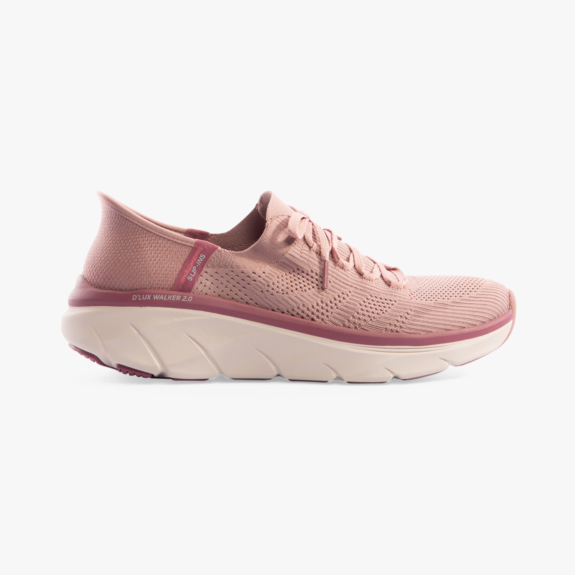 Skechers 150105/DKMV D'LUX WALKER 2.0-THRILL MOVEM Womens Trainers Dark Mauve side view showing breathable textile upper.