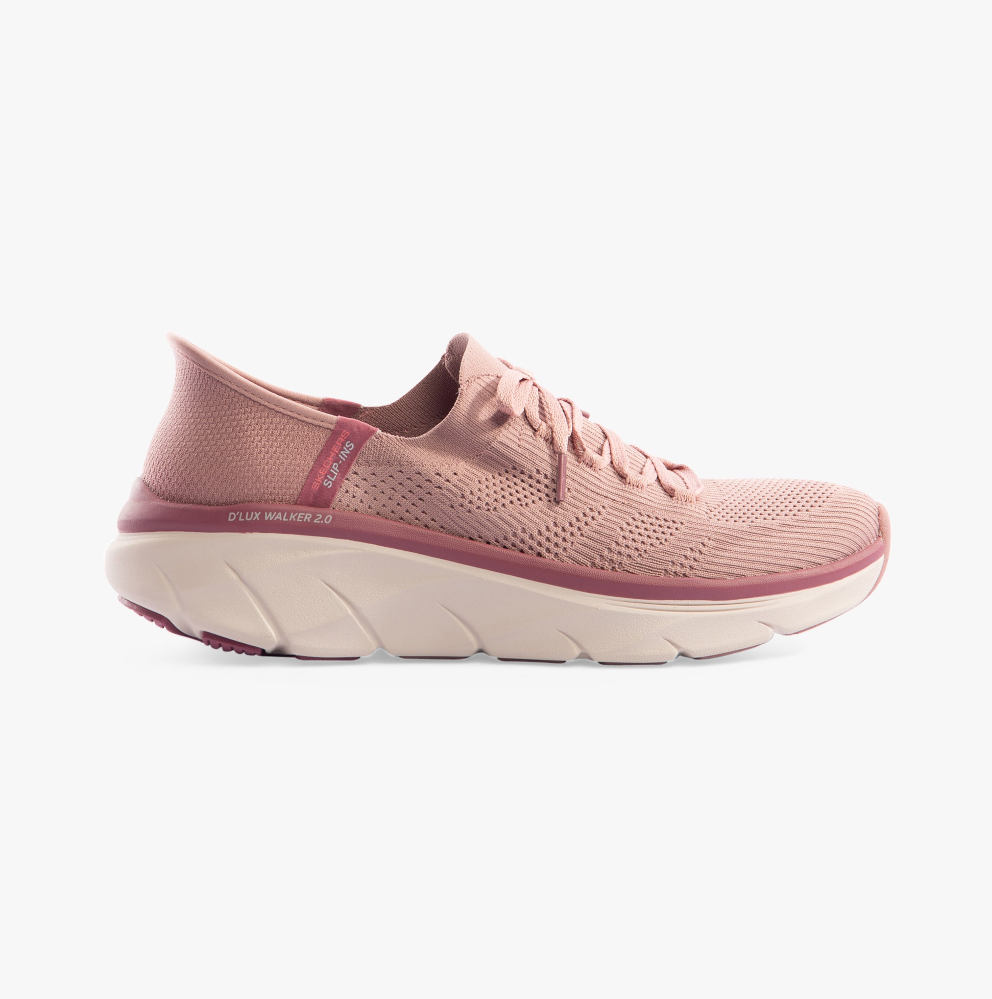 Skechers 150105/DKMV D'LUX WALKER 2.0-THRILL MOVEM Womens Trainers Dark Mauve side view showing breathable textile upper.